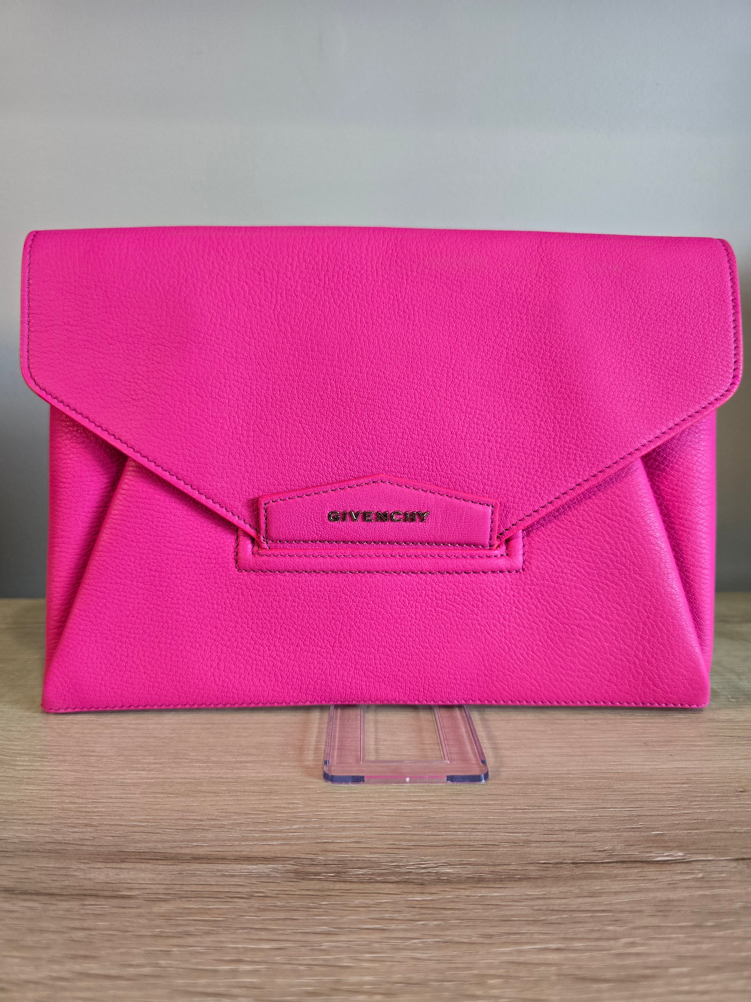 Givenchy Antigona Envelope Clutch Bright Pink Grained Leather Gold Hardware
