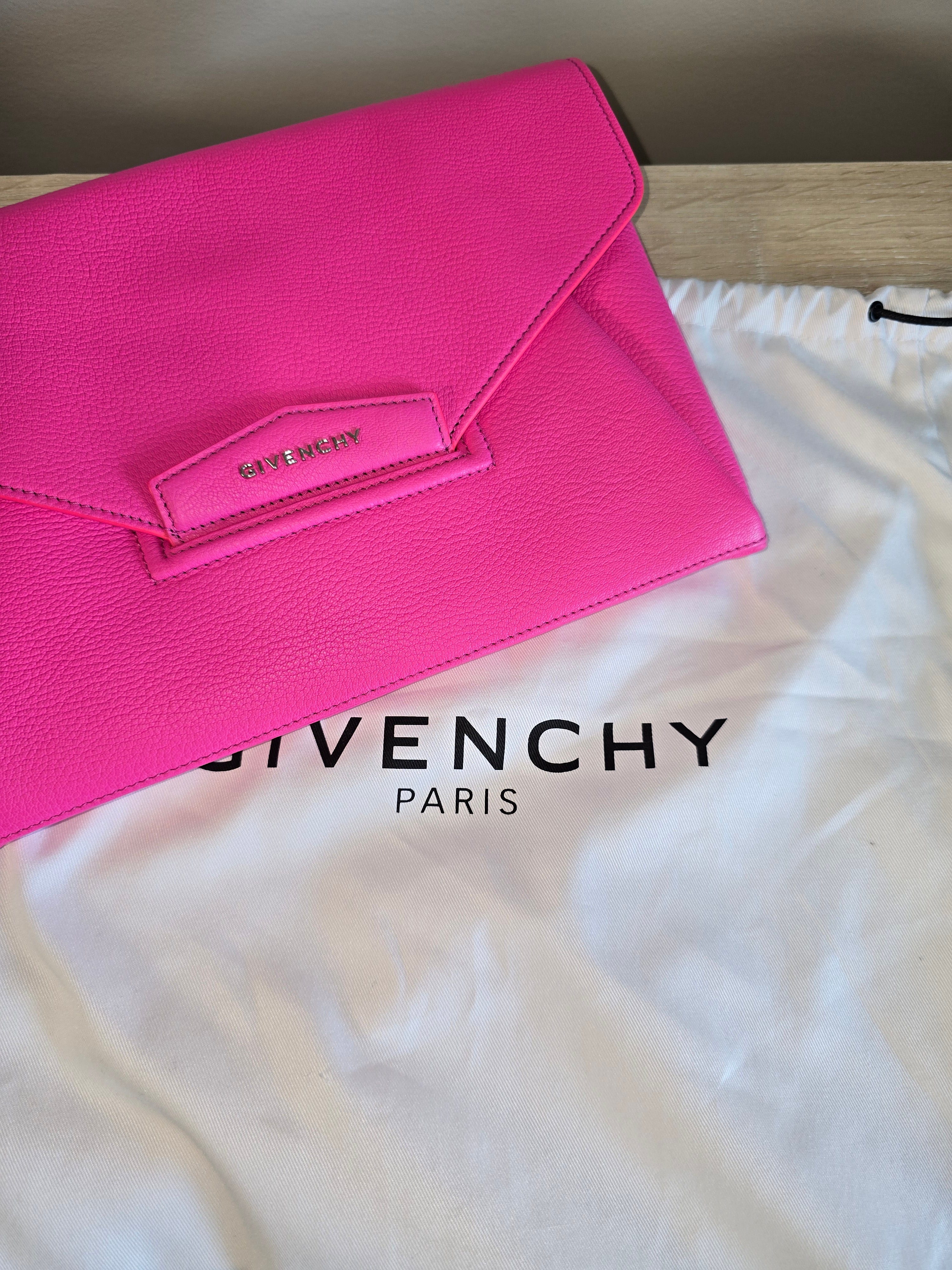 Givenchy Antigona Envelope Clutch Bright Pink Grained Leather Gold Hardware
