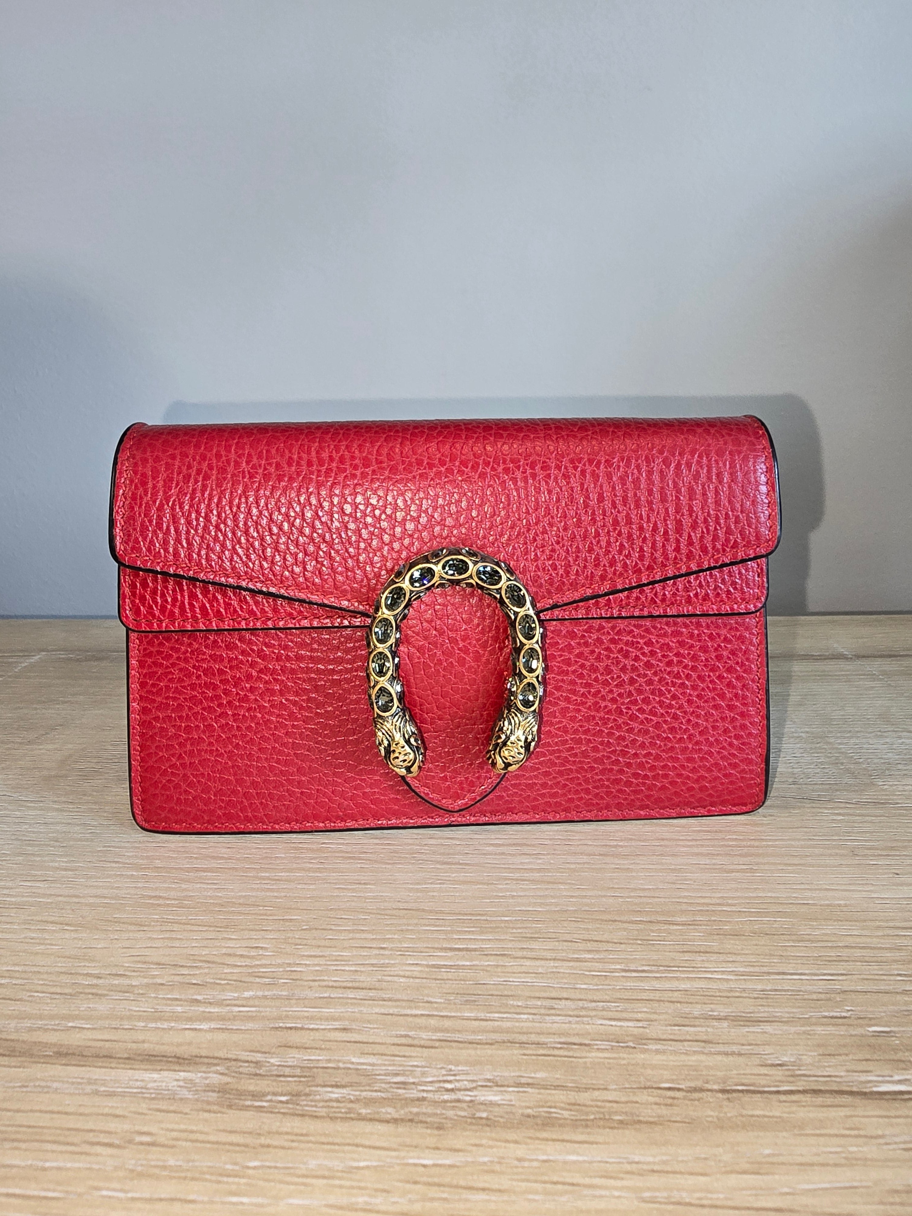 Gucci Dionysus Super Mini Bag Red Leather Silver Chain Gold Snake