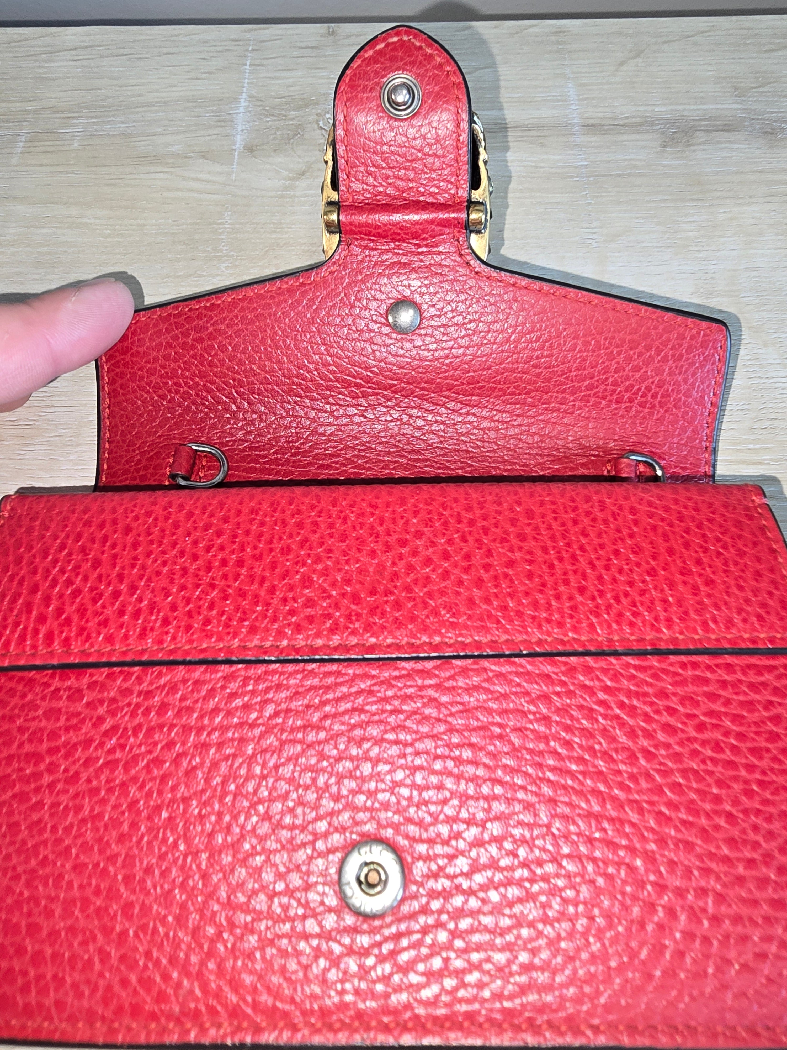 Gucci Dionysus Super Mini Bag Red Leather Silver Chain Gold Snake