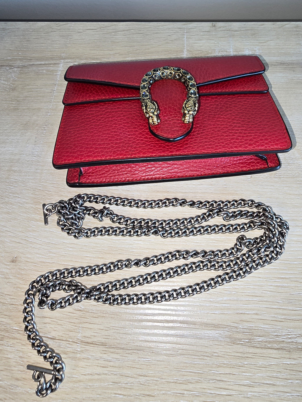 Gucci Dionysus Super Mini Bag Red Leather Silver Chain Gold Snake