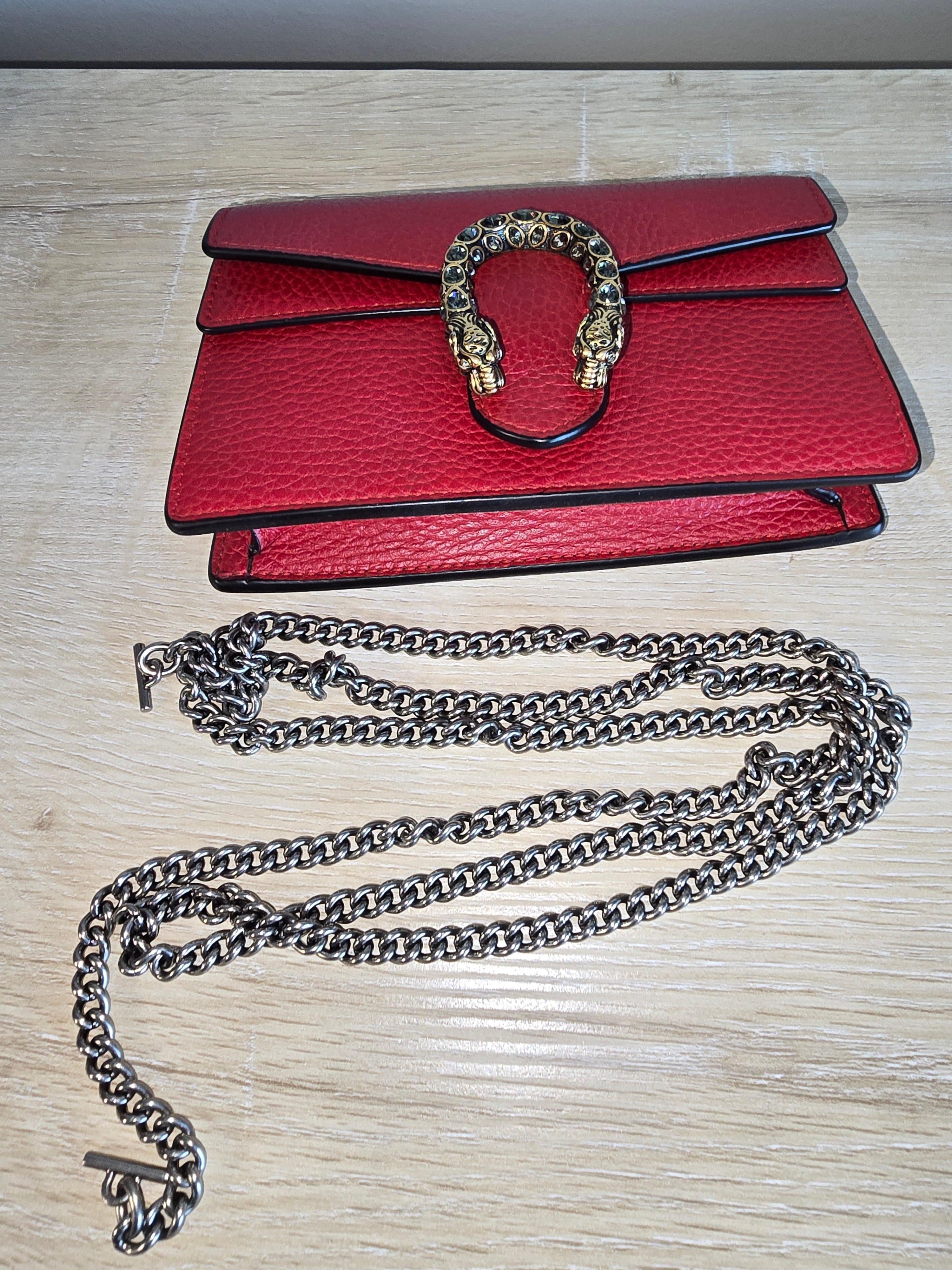 Gucci Dionysus Super Mini Bag Red Leather Silver Chain Gold Snake