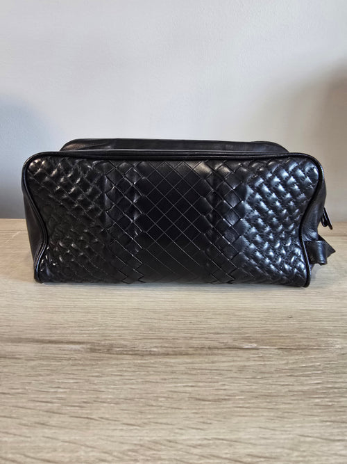 Bottega Veneta Intrecciato Woven Leather Toiletry Bag Black Silver Hardware