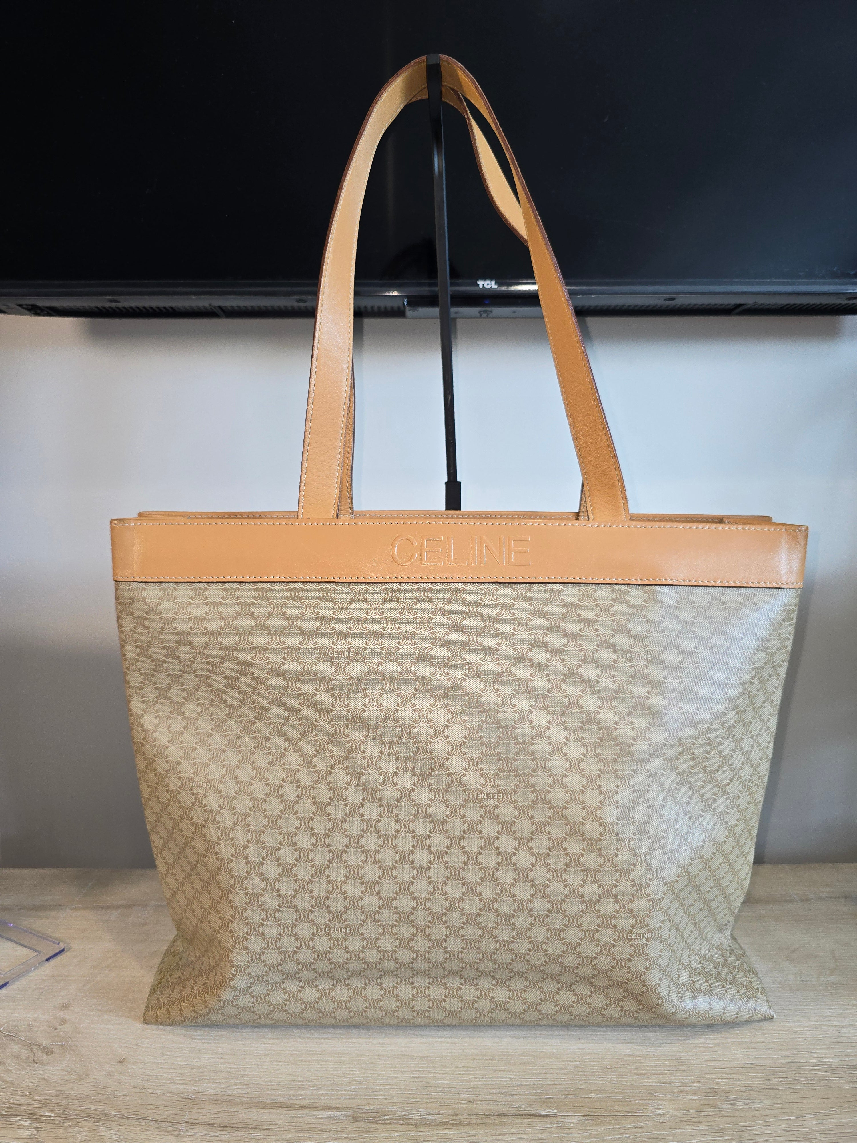 Celine Vintage Macadam Tote Coated Canvas Natural Leather Handles Gold Hardware