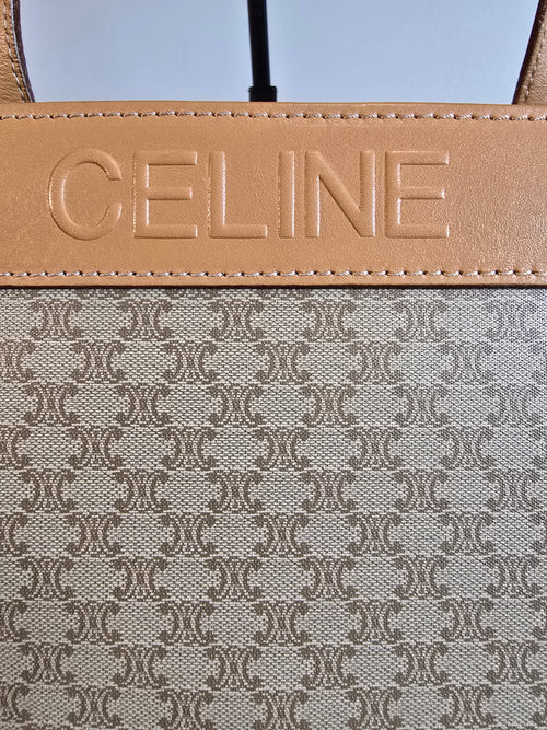 Celine Vintage Macadam Tote Coated Canvas Natural Leather Handles Gold Hardware