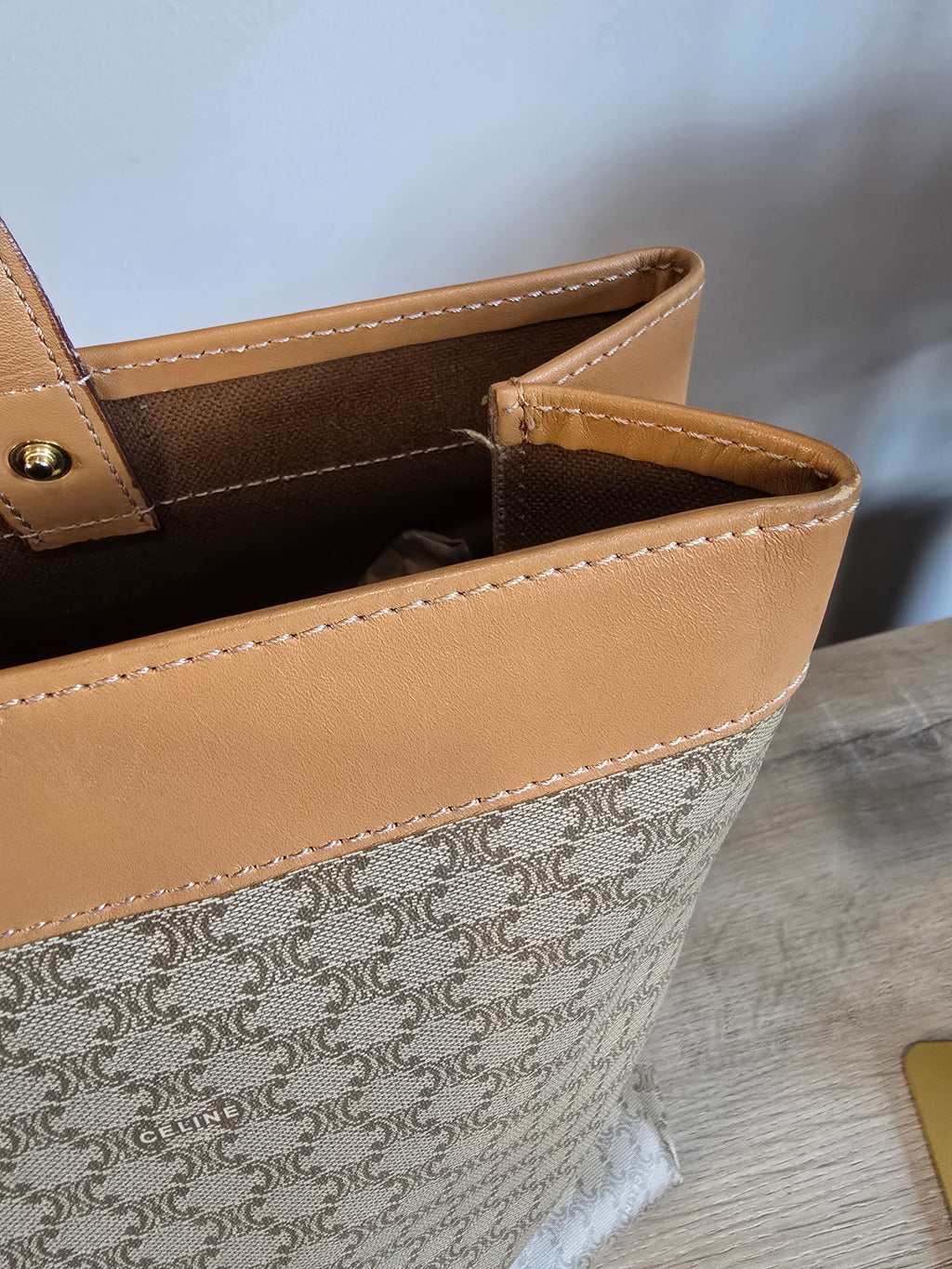 Celine Vintage Macadam Tote Coated Canvas Natural Leather Handles Gold Hardware