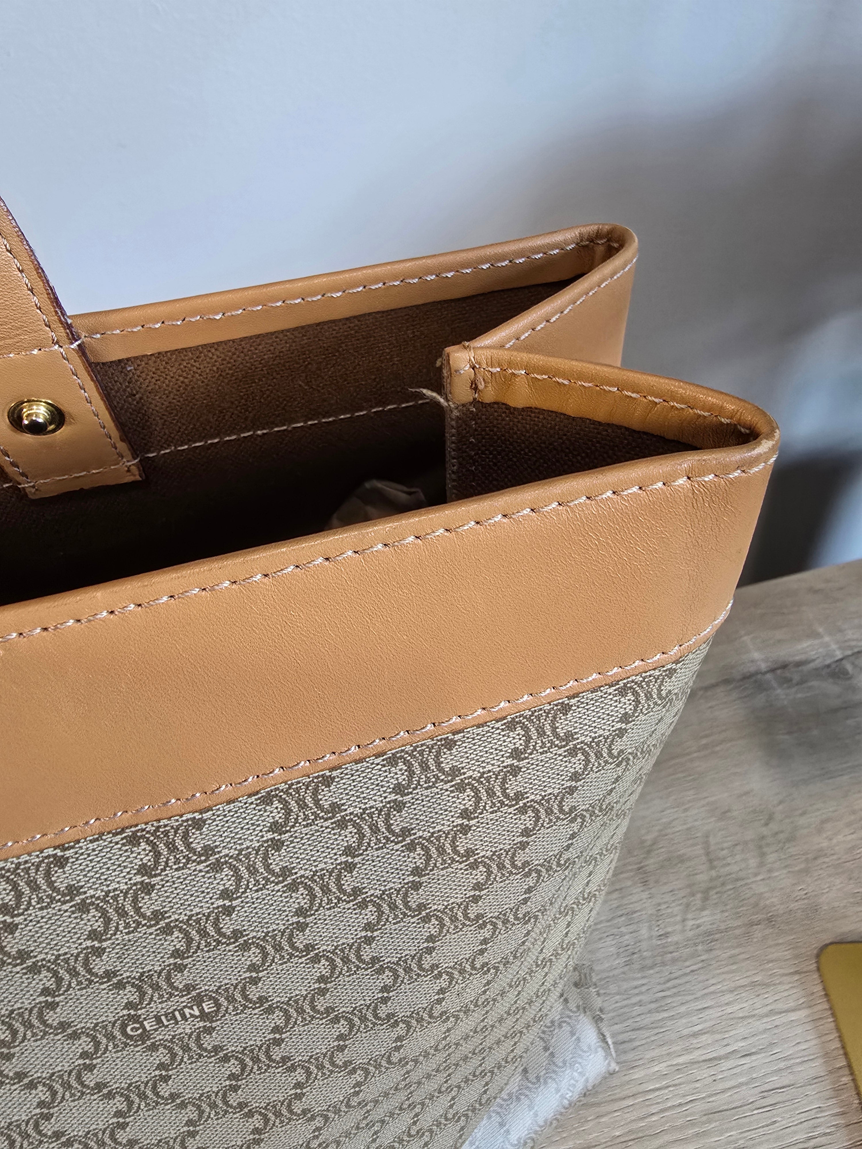 Celine Vintage Macadam Tote Coated Canvas Natural Leather Handles Gold Hardware