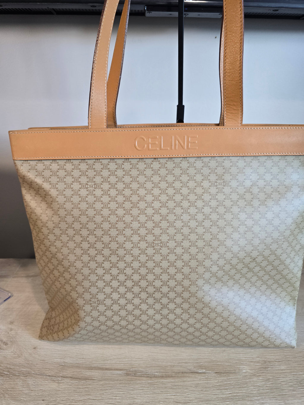 Celine Vintage Macadam Tote Coated Canvas Natural Leather Handles Gold Hardware