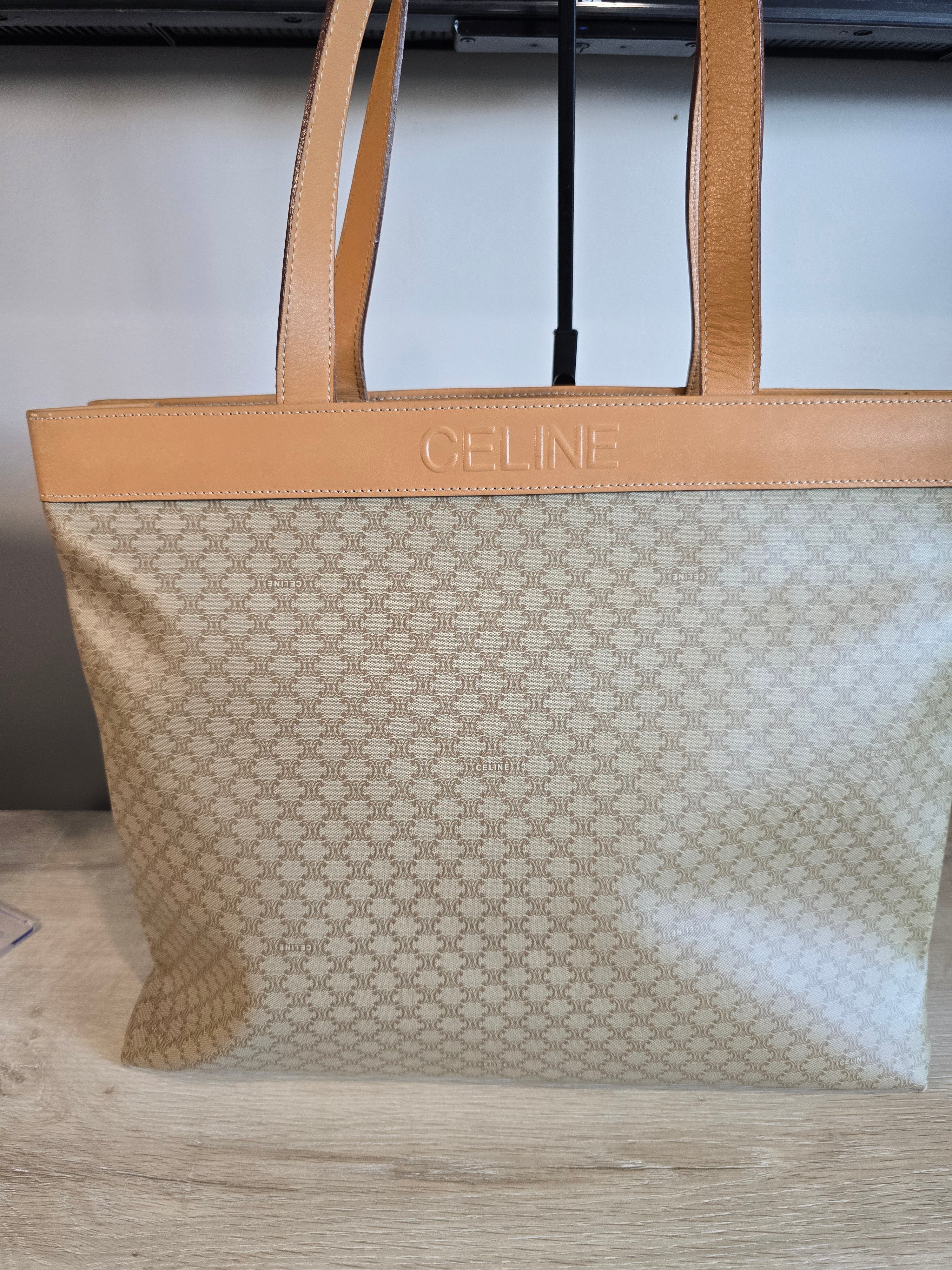 Celine Vintage Macadam Tote Coated Canvas Natural Leather Handles Gold Hardware