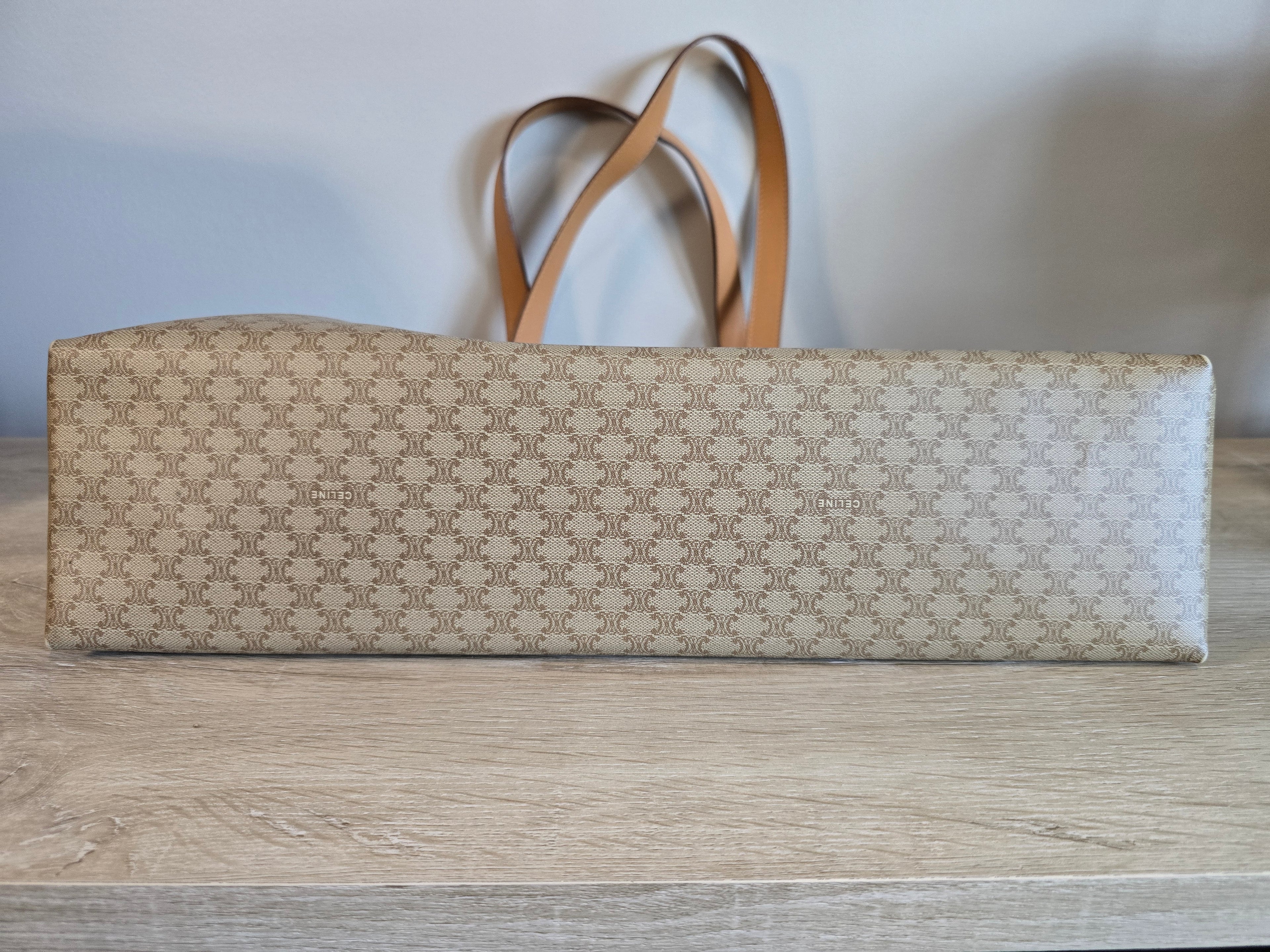 Celine Vintage Macadam Tote Coated Canvas Natural Leather Handles Gold Hardware