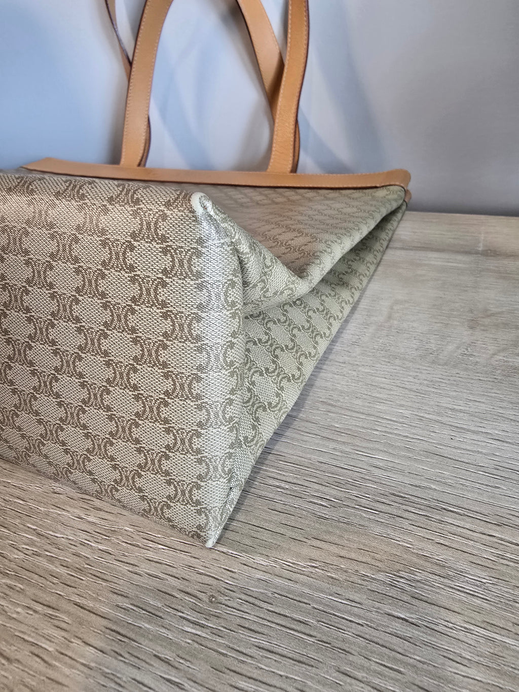 Celine Vintage Macadam Tote Coated Canvas Natural Leather Handles Gold Hardware