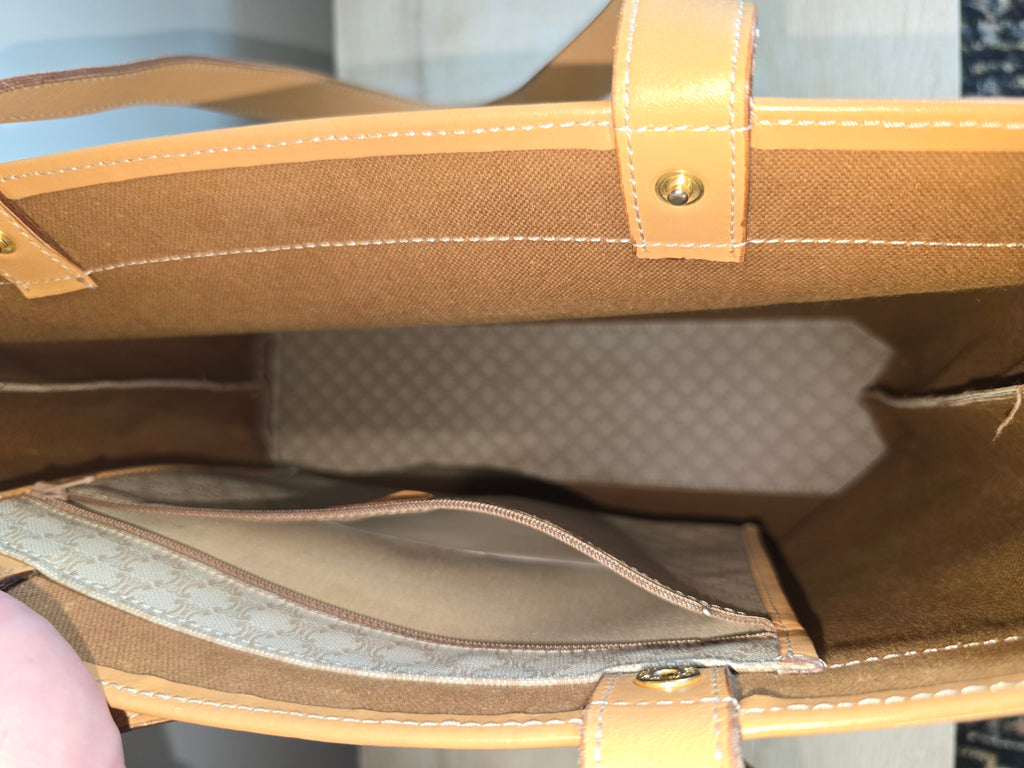 Celine Vintage Macadam Tote Coated Canvas Natural Leather Handles Gold Hardware