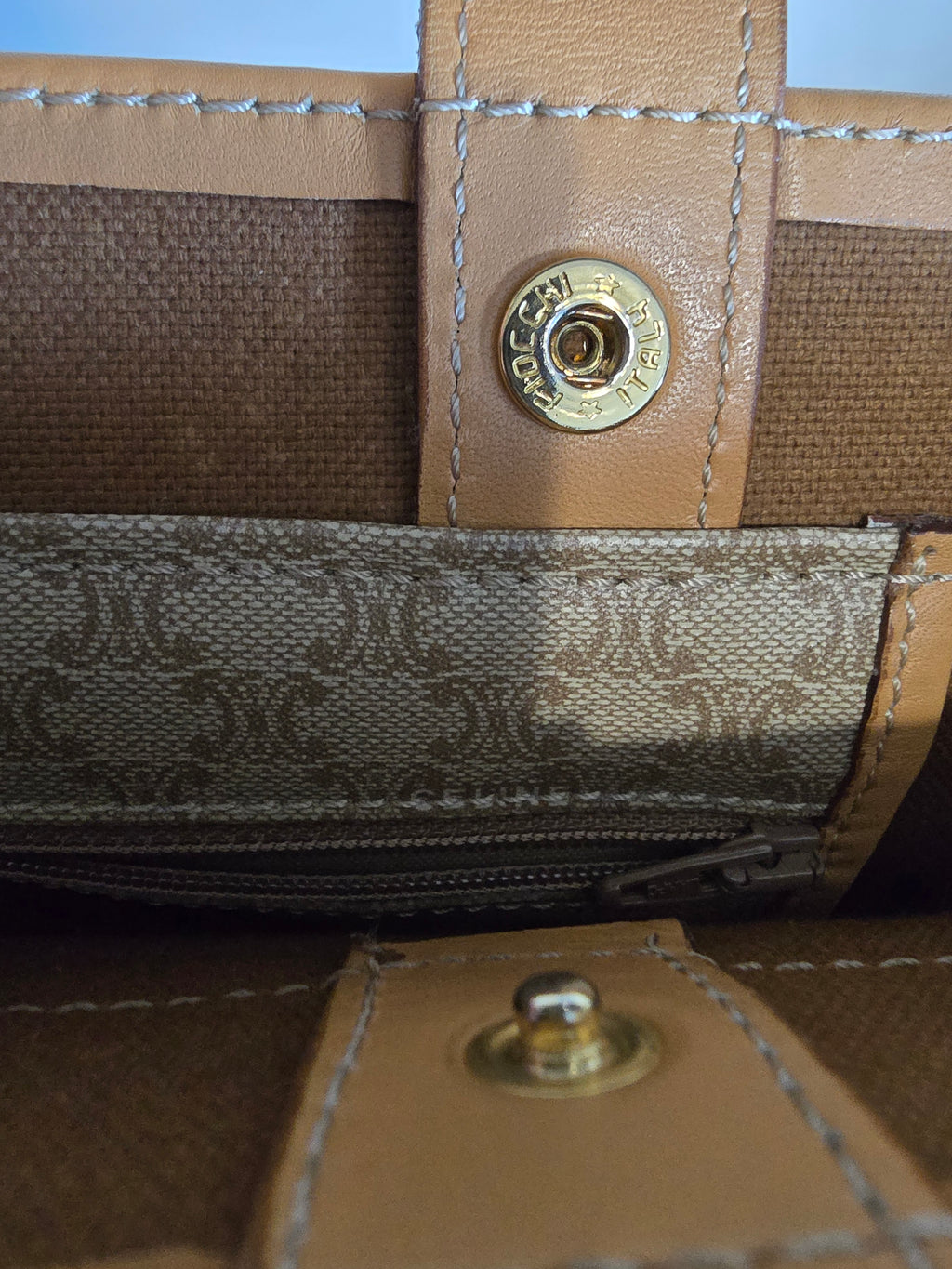 Celine Vintage Macadam Tote Coated Canvas Natural Leather Handles Gold Hardware