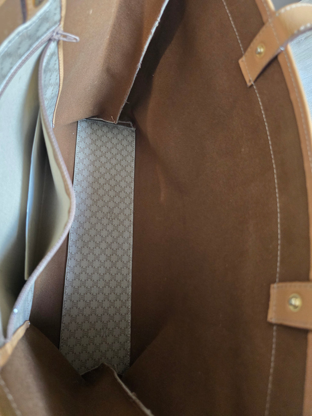 Celine Vintage Macadam Tote Coated Canvas Natural Leather Handles Gold Hardware