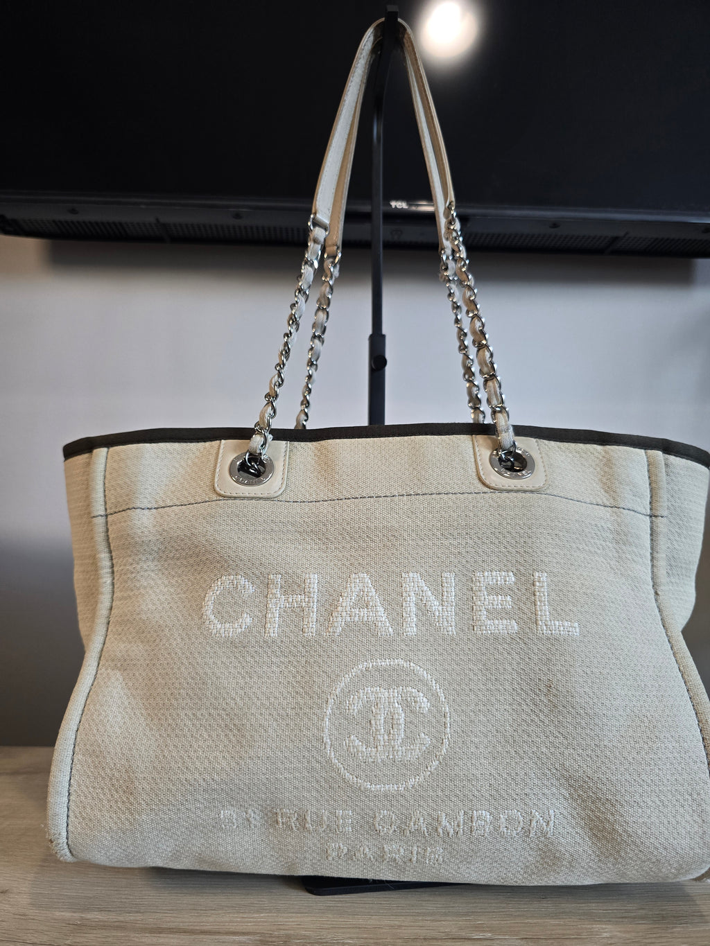 Chanel Small Deauville Tote Natural Canvas Dark Green Trim White Lettering Silver Hardware