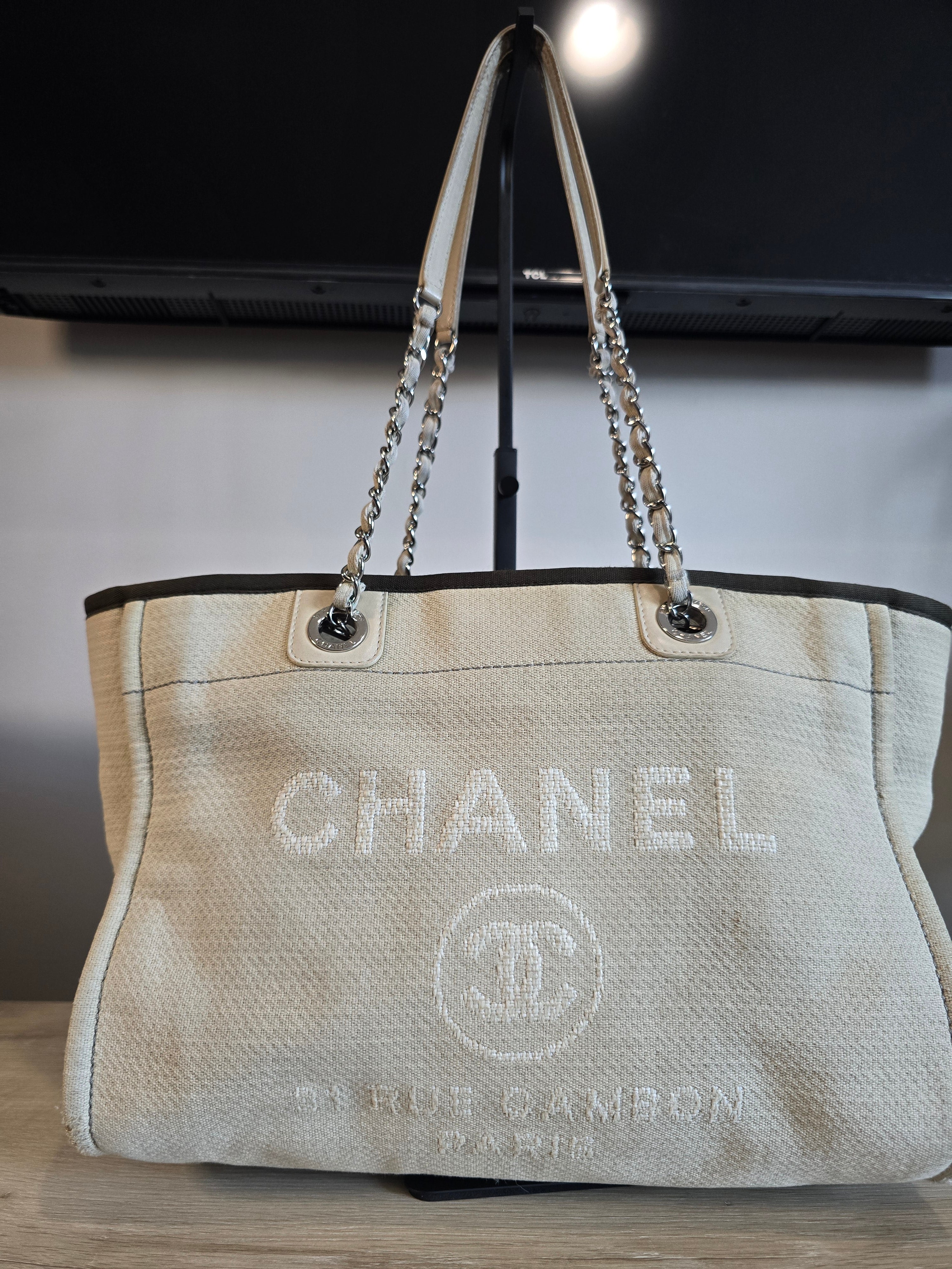 Chanel Small Deauville Tote Natural Canvas Dark Green Trim White Lettering Silver Hardware