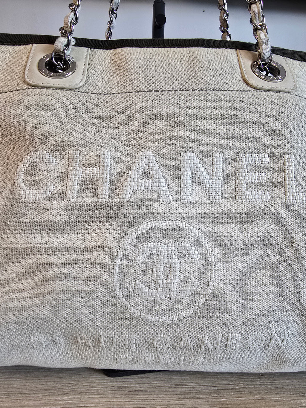 Chanel Small Deauville Tote Natural Canvas Dark Green Trim White Lettering Silver Hardware