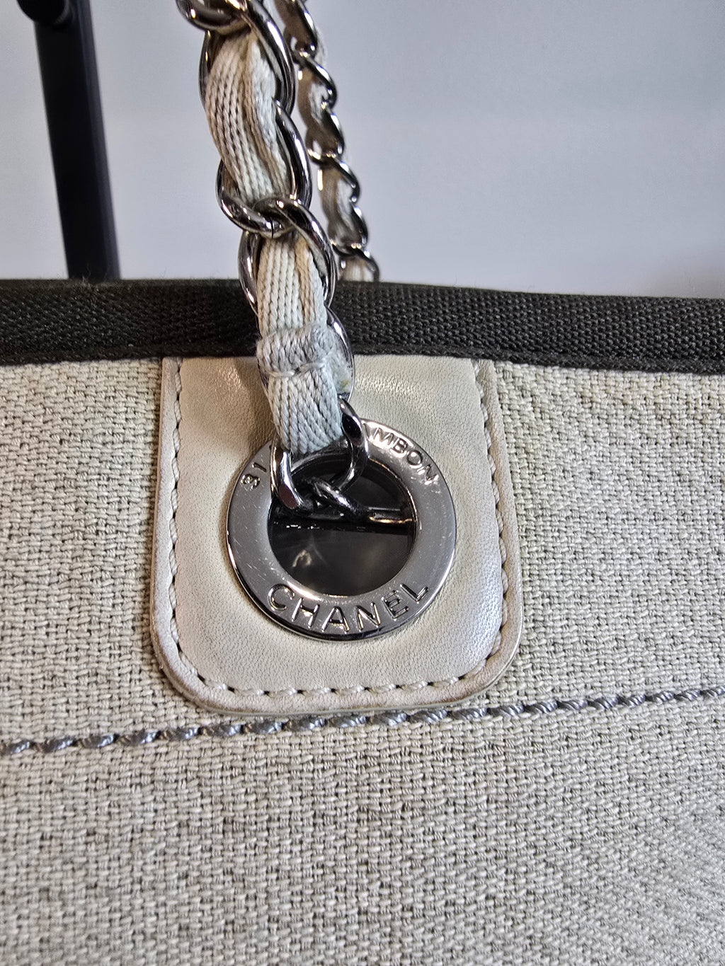 Chanel Small Deauville Tote Natural Canvas Dark Green Trim White Lettering Silver Hardware
