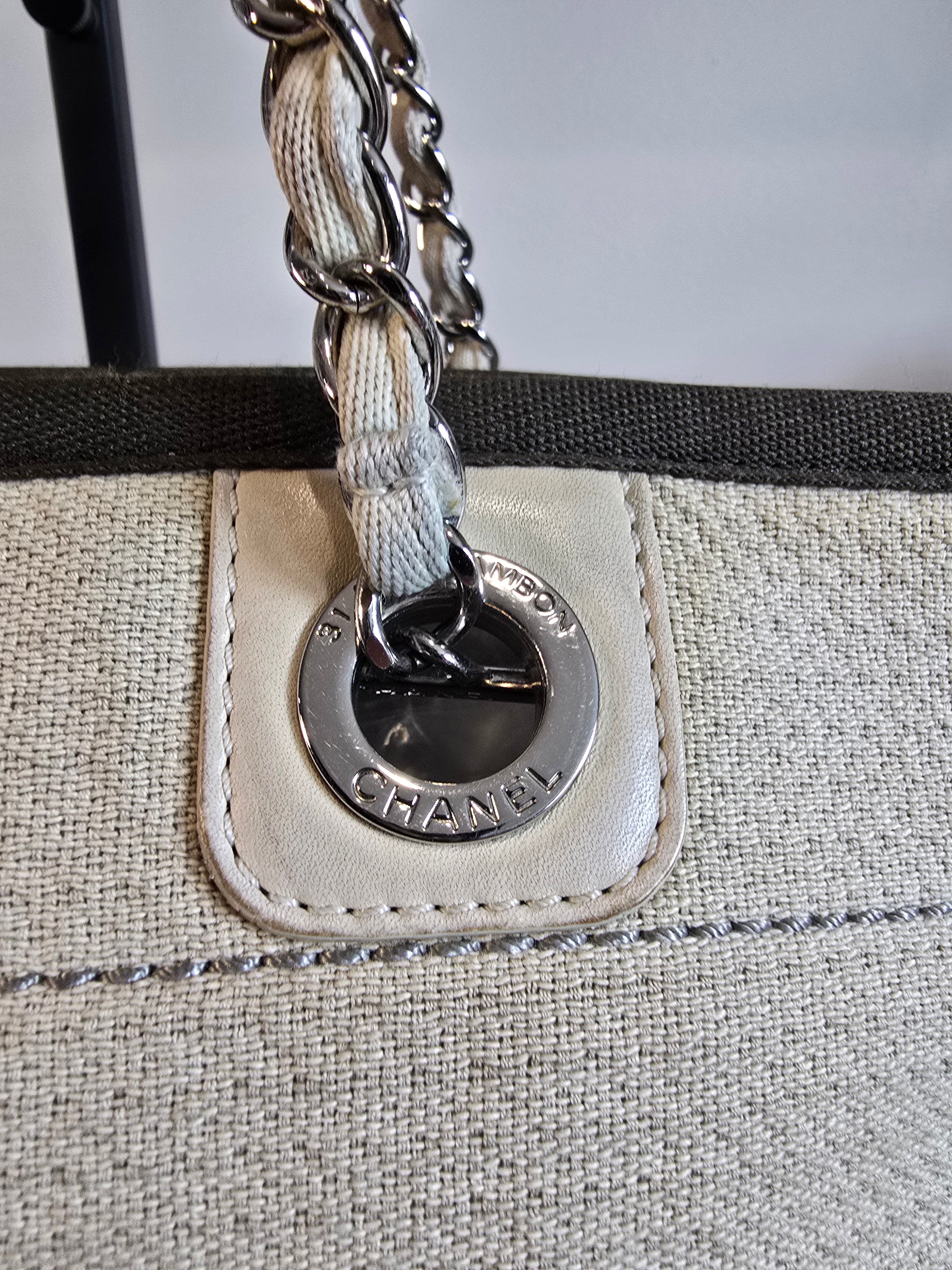 Chanel Small Deauville Tote Natural Canvas Dark Green Trim White Lettering Silver Hardware
