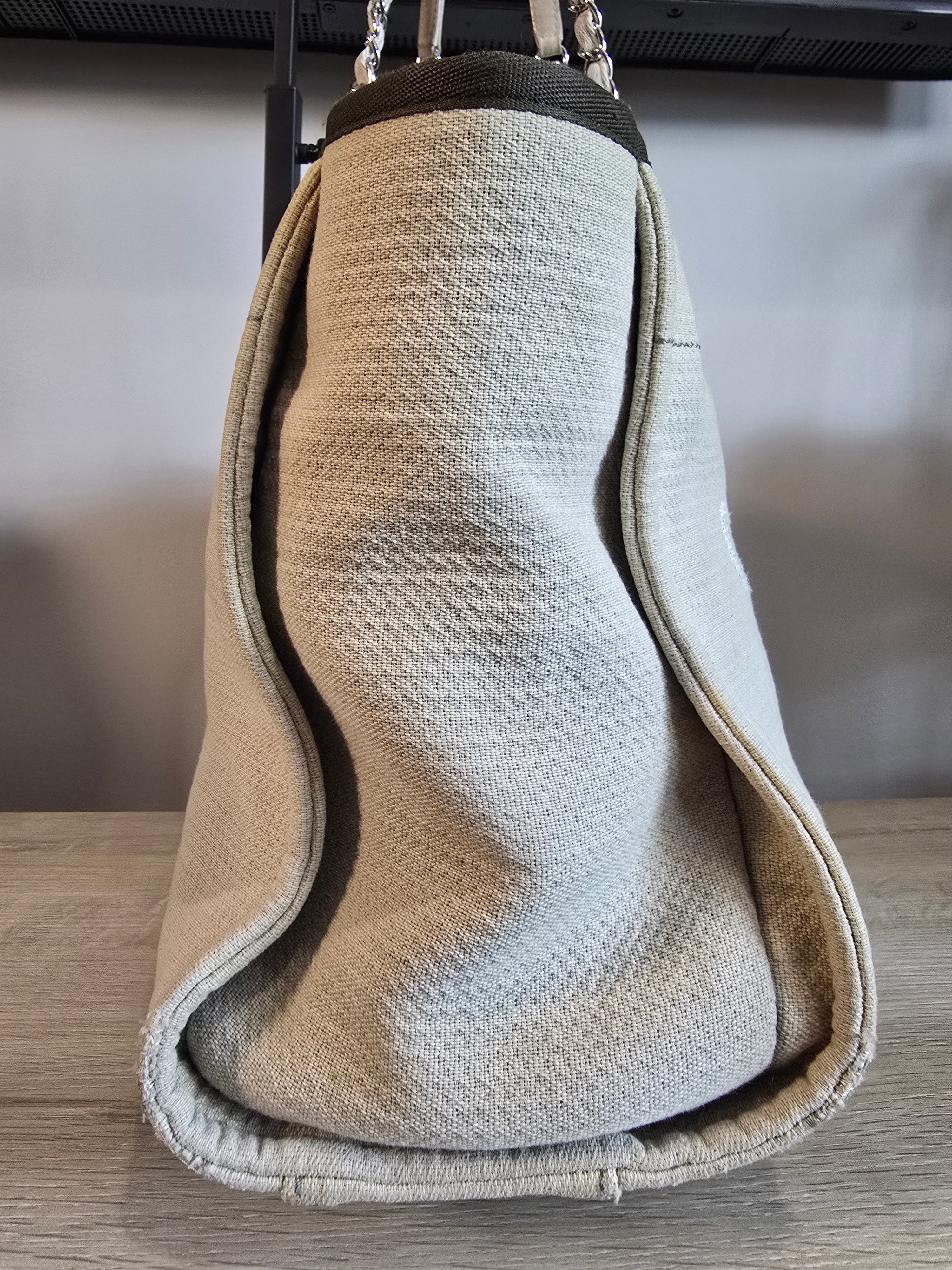 Chanel Small Deauville Tote Natural Canvas Dark Green Trim White Lettering Silver Hardware