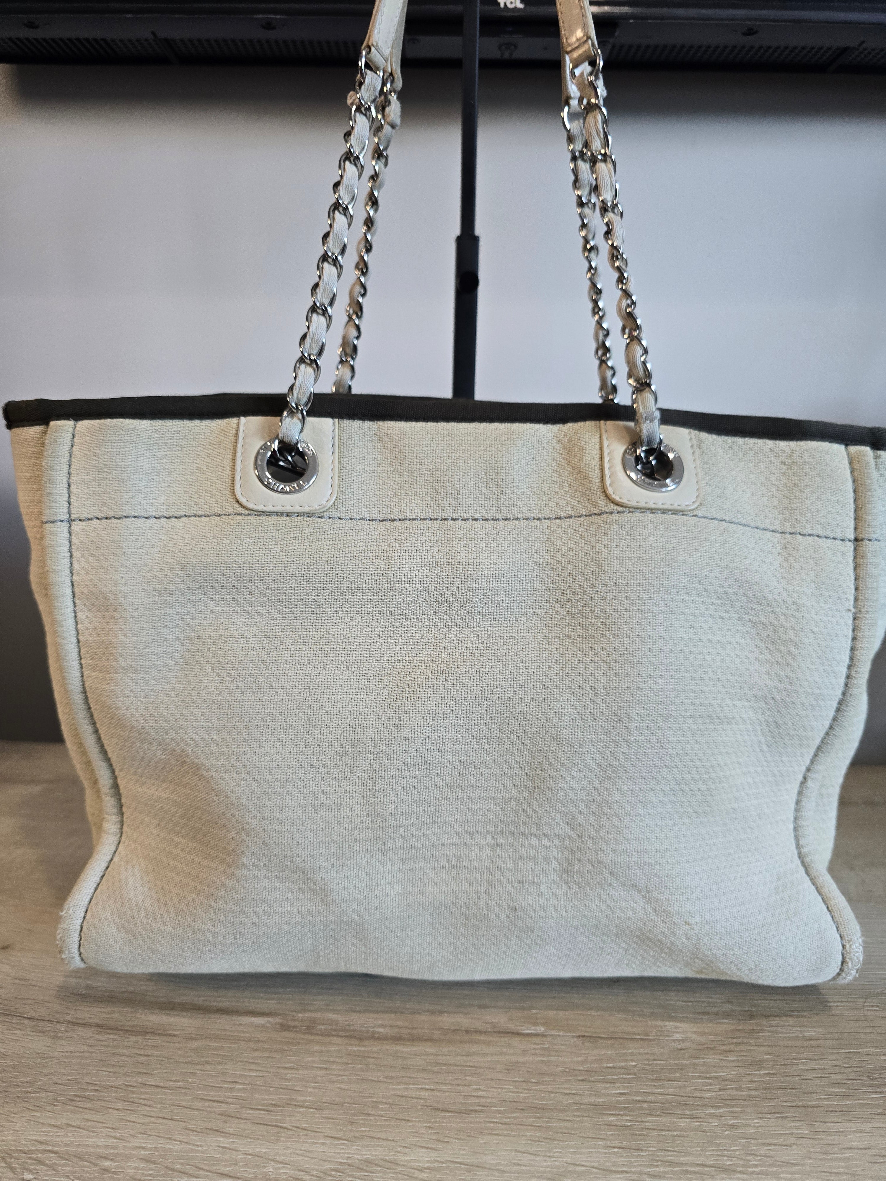 Chanel Small Deauville Tote Natural Canvas Dark Green Trim White Lettering Silver Hardware