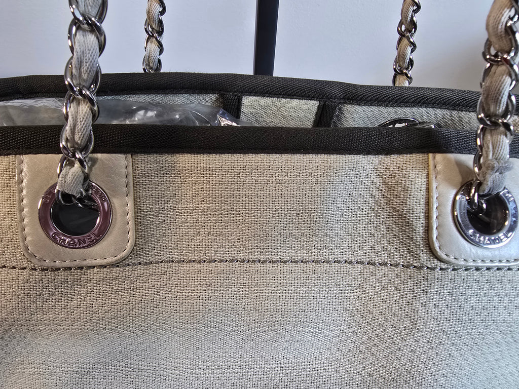 Chanel Small Deauville Tote Natural Canvas Dark Green Trim White Lettering Silver Hardware