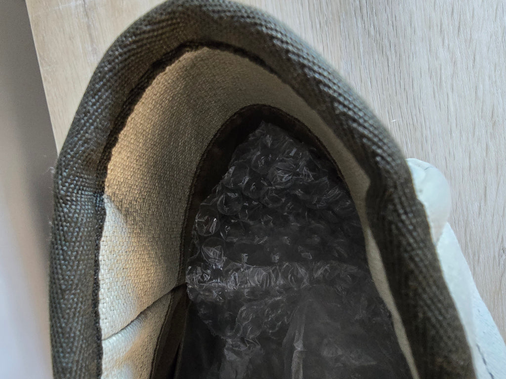 Chanel Small Deauville Tote Natural Canvas Dark Green Trim White Lettering Silver Hardware