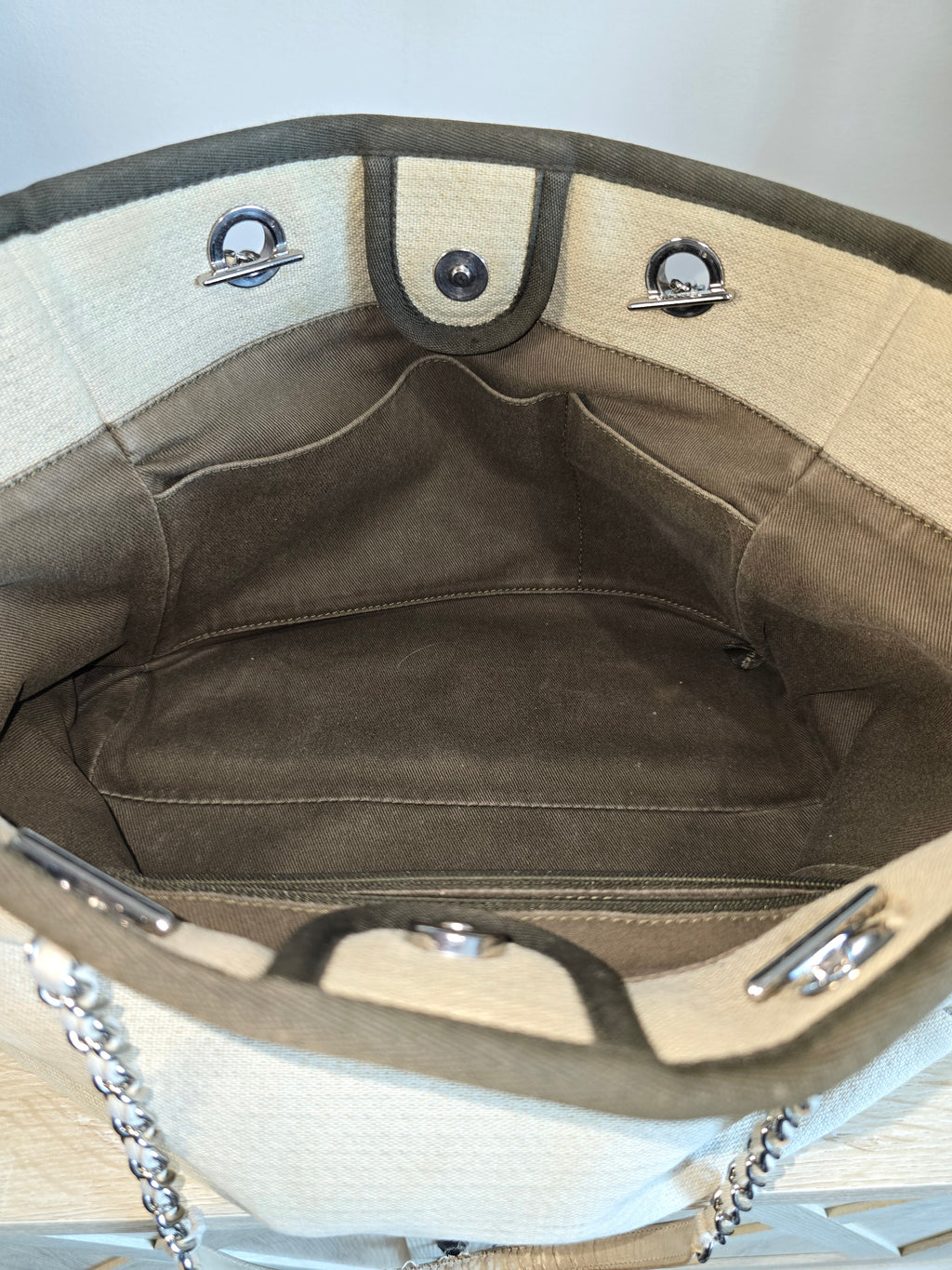 Chanel Small Deauville Tote Natural Canvas Dark Green Trim White Lettering Silver Hardware