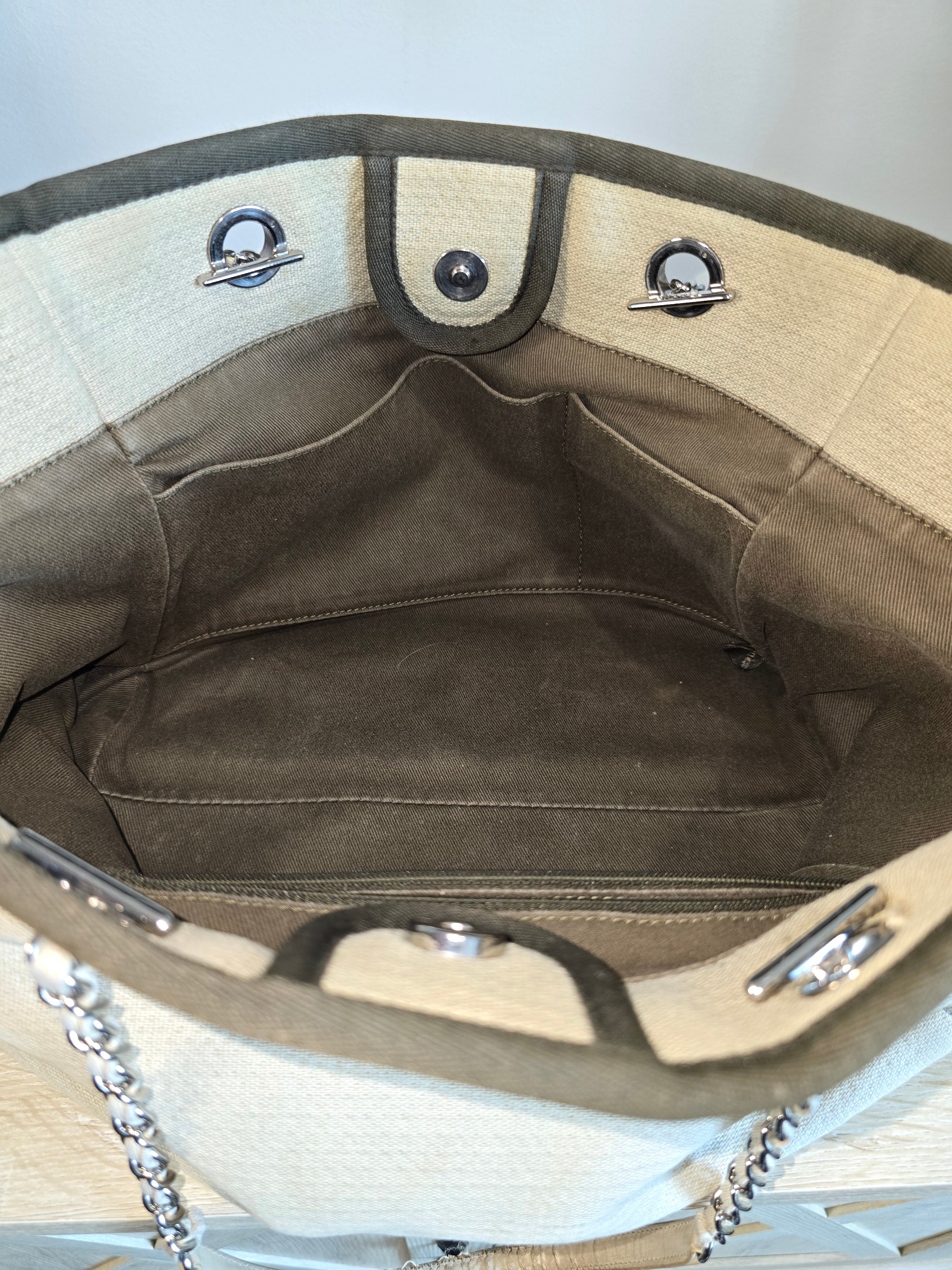 Chanel Small Deauville Tote Natural Canvas Dark Green Trim White Lettering Silver Hardware