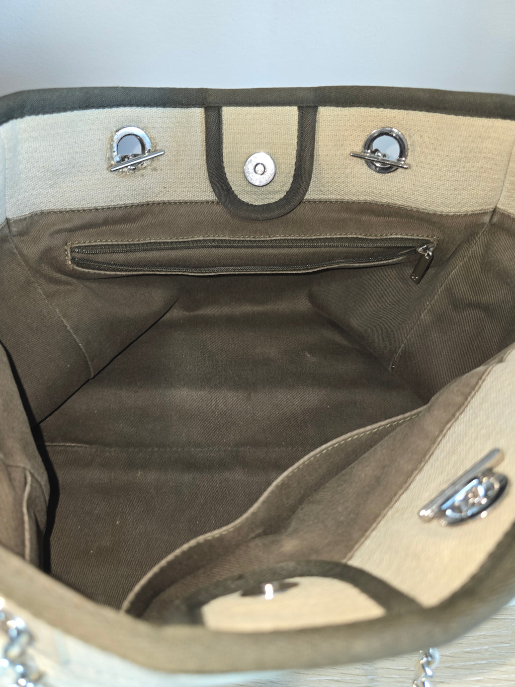 Chanel Small Deauville Tote Natural Canvas Dark Green Trim White Lettering Silver Hardware