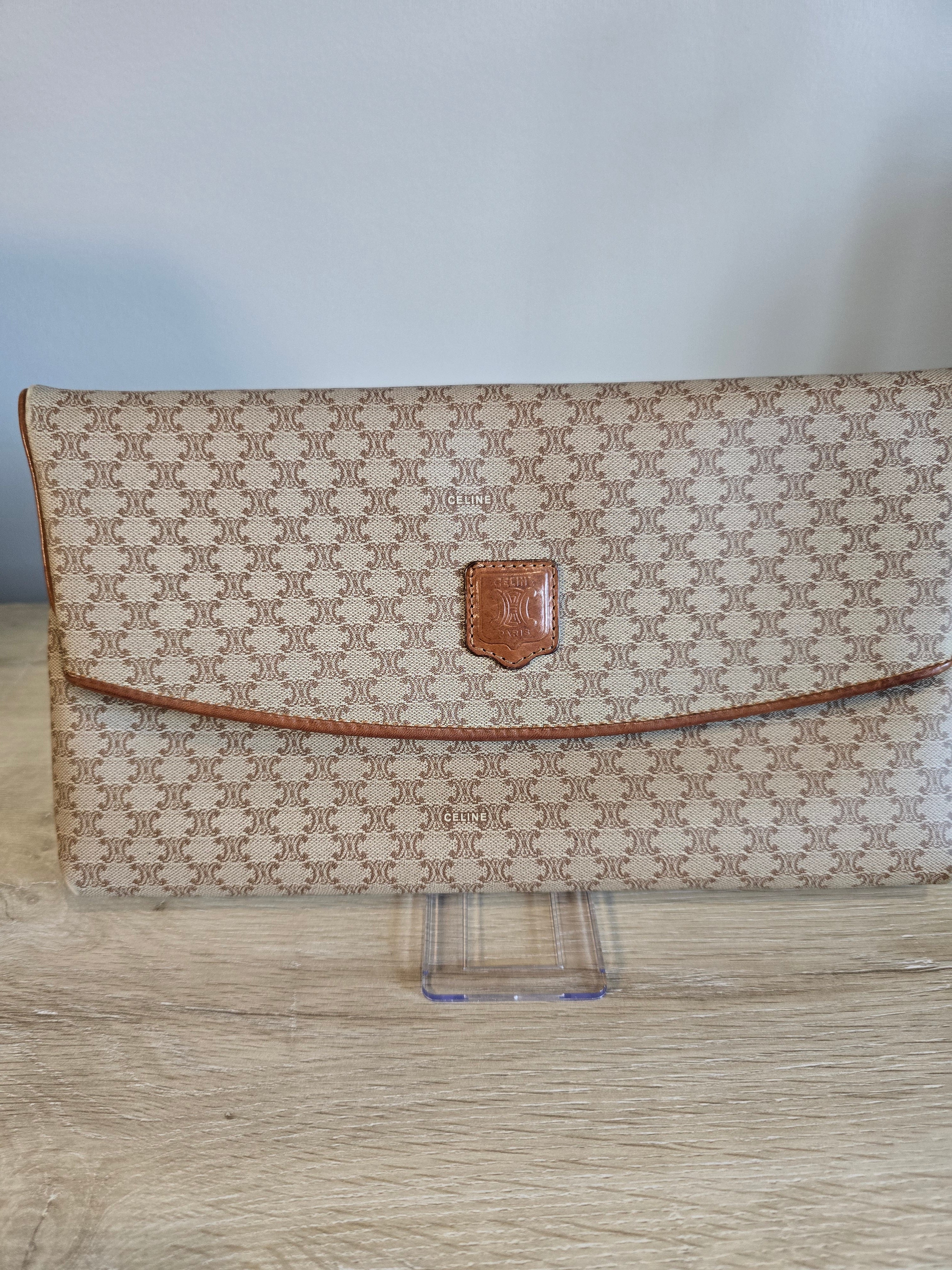 Celine Vintage Macadam Clutch Tan Beige Coated Canvas Leather Trim Gold Hardware