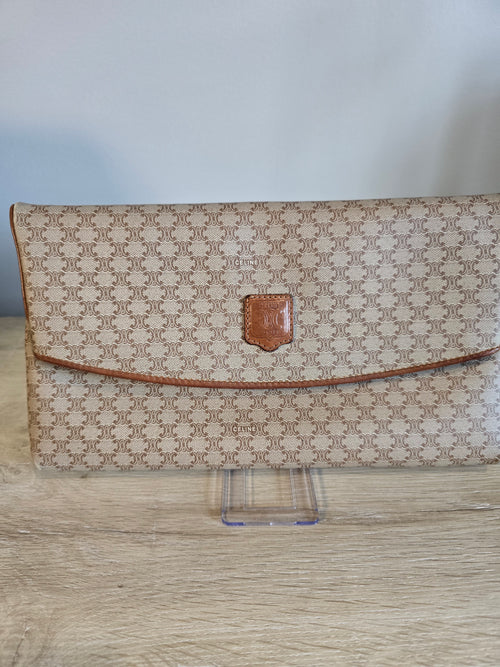 Celine Vintage Macadam Clutch Tan Beige Coated Canvas Leather Trim Gold Hardware