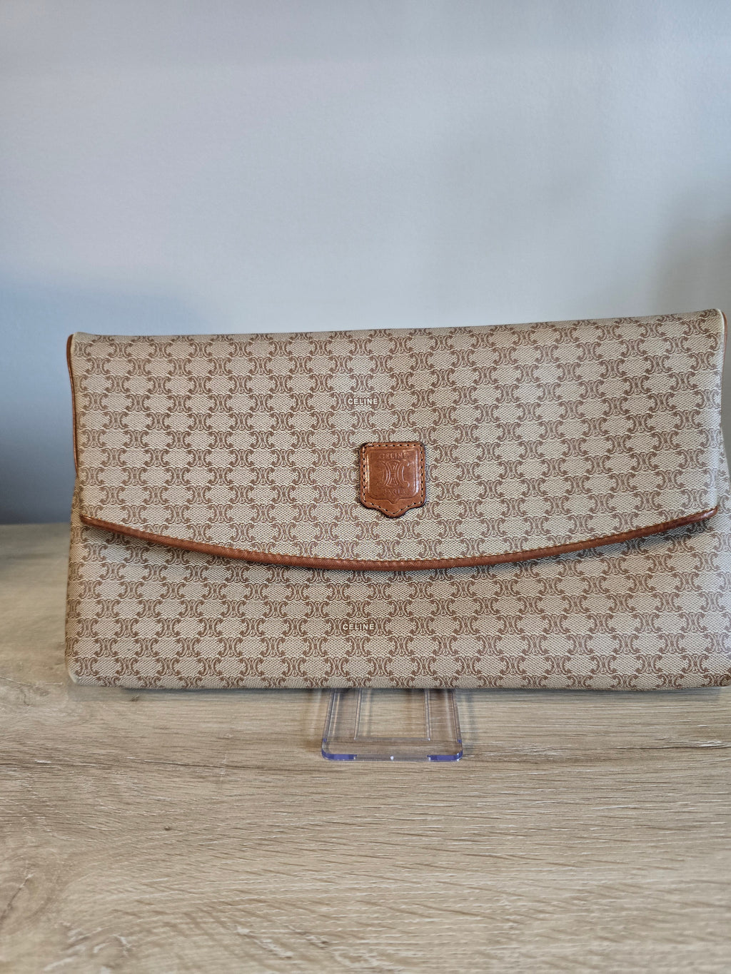Celine Vintage Macadam Clutch Tan Beige Coated Canvas Leather Trim Gold Hardware