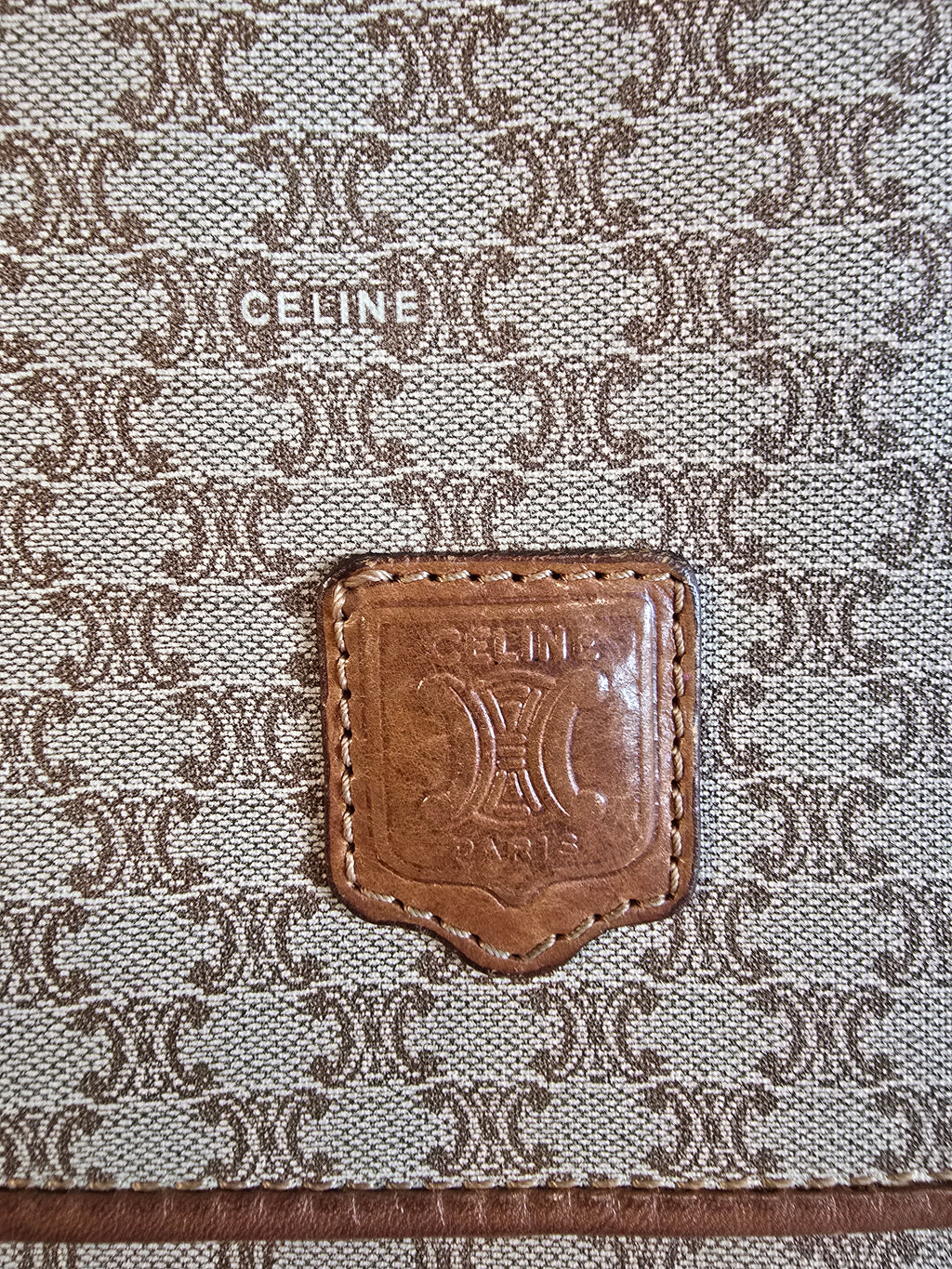 Celine Vintage Macadam Clutch Tan Beige Coated Canvas Leather Trim Gold Hardware