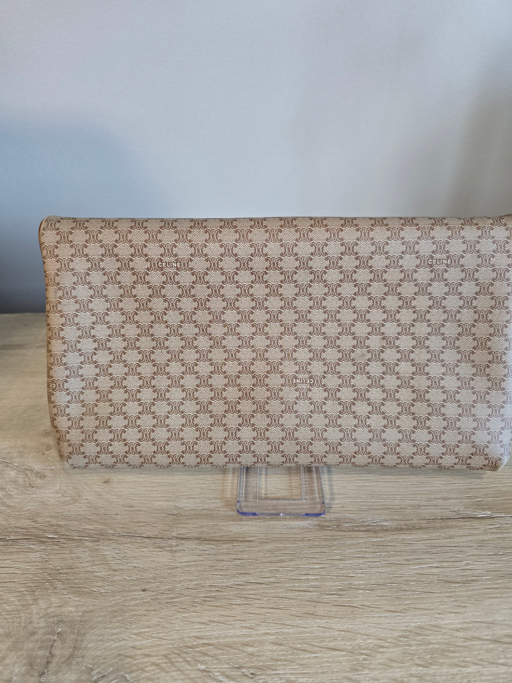 Celine Vintage Macadam Clutch Tan Beige Coated Canvas Leather Trim Gold Hardware