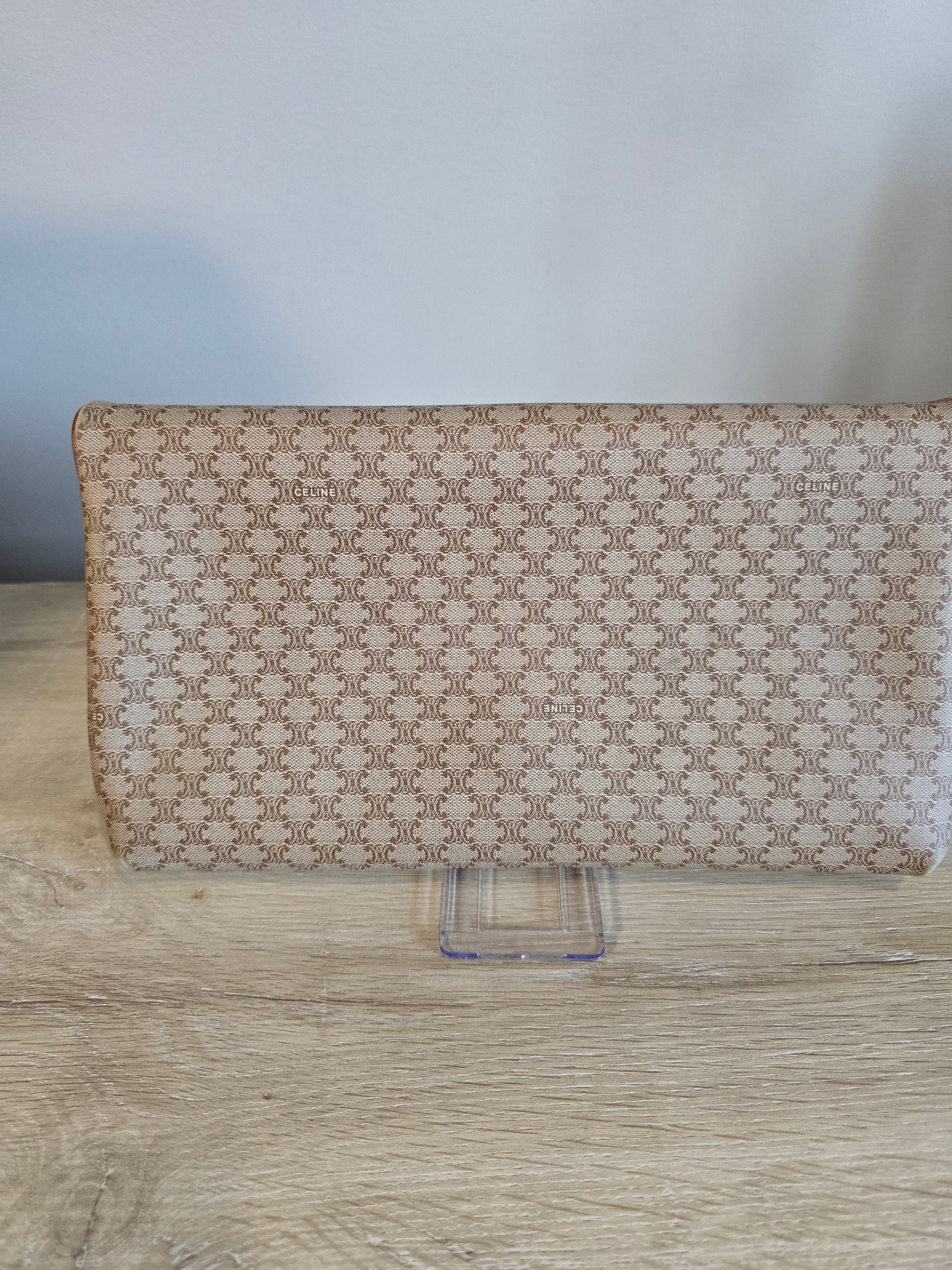 Celine Vintage Macadam Clutch Tan Beige Coated Canvas Leather Trim Gold Hardware