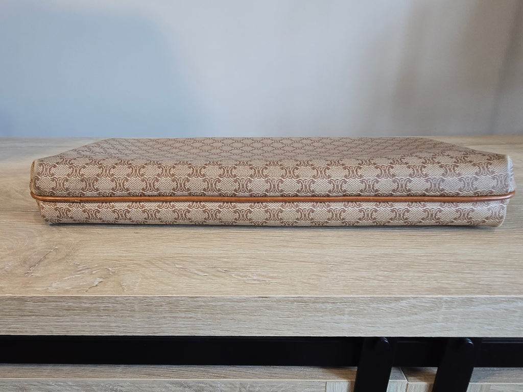 Celine Vintage Macadam Clutch Tan Beige Coated Canvas Leather Trim Gold Hardware