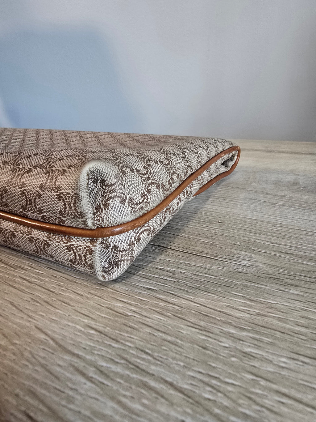 Celine Vintage Macadam Clutch Tan Beige Coated Canvas Leather Trim Gold Hardware