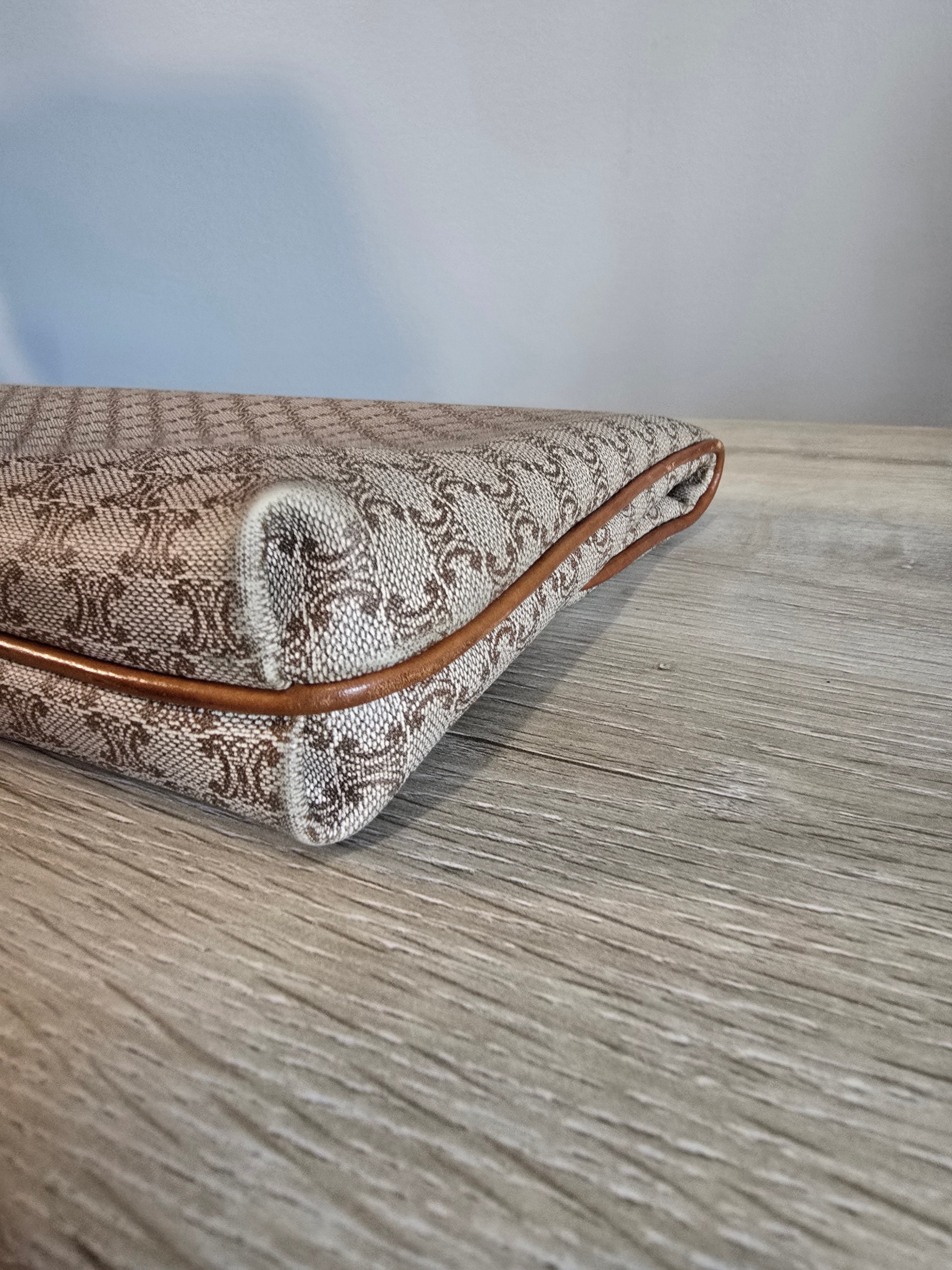 Celine Vintage Macadam Clutch Tan Beige Coated Canvas Leather Trim Gold Hardware