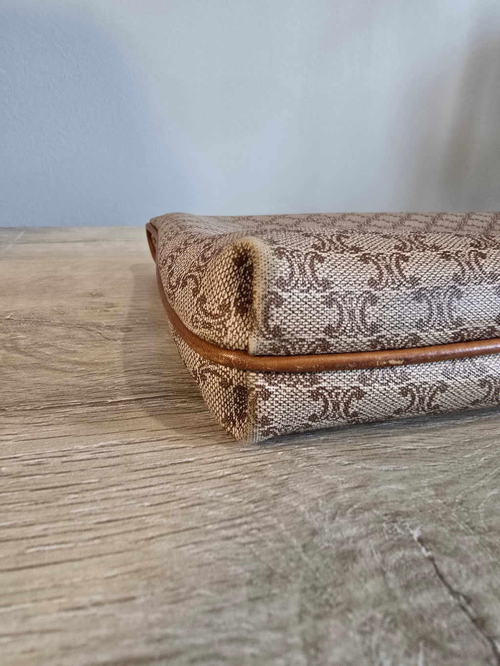 Celine Vintage Macadam Clutch Tan Beige Coated Canvas Leather Trim Gold Hardware