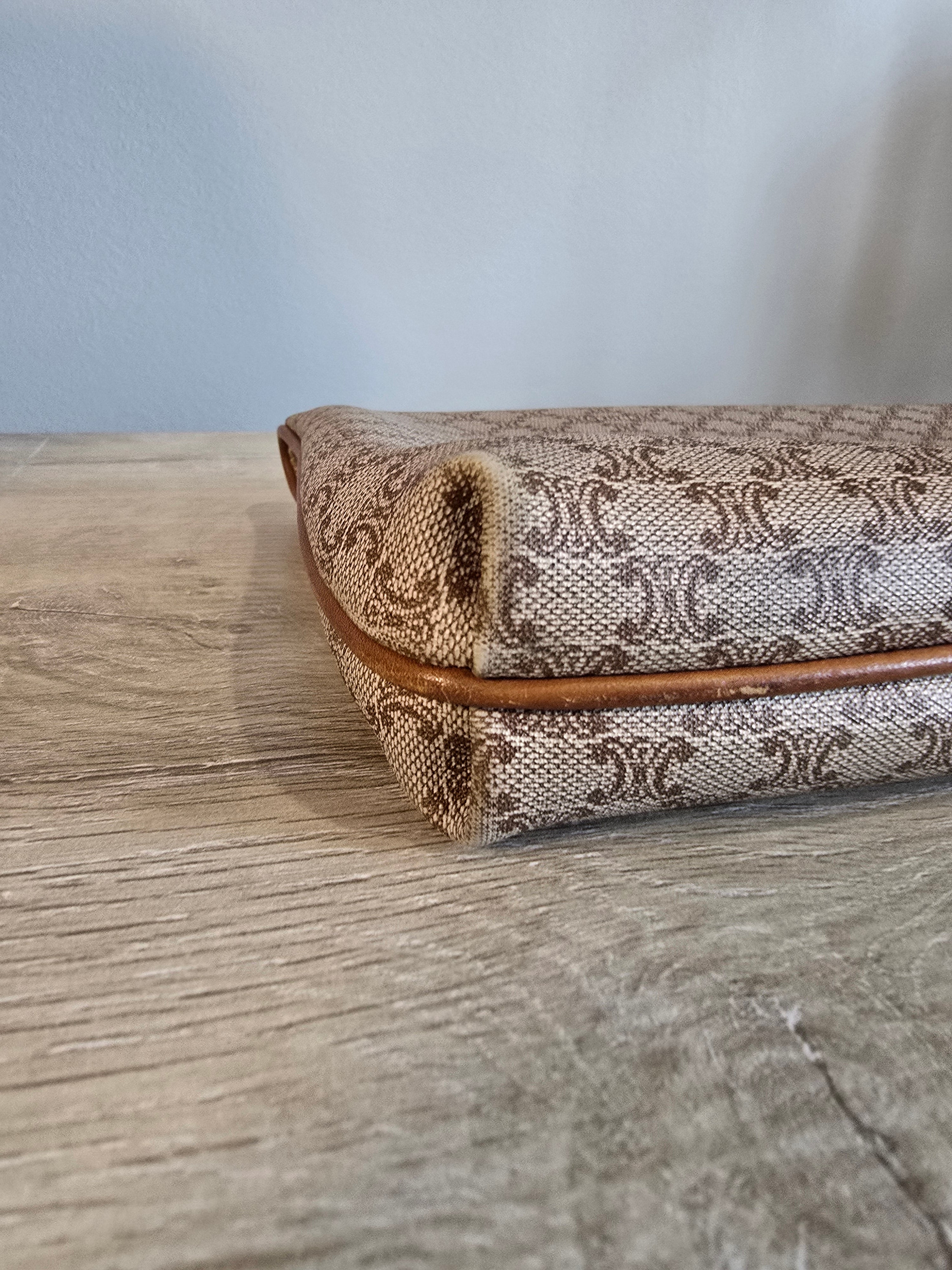 Celine Vintage Macadam Clutch Tan Beige Coated Canvas Leather Trim Gold Hardware