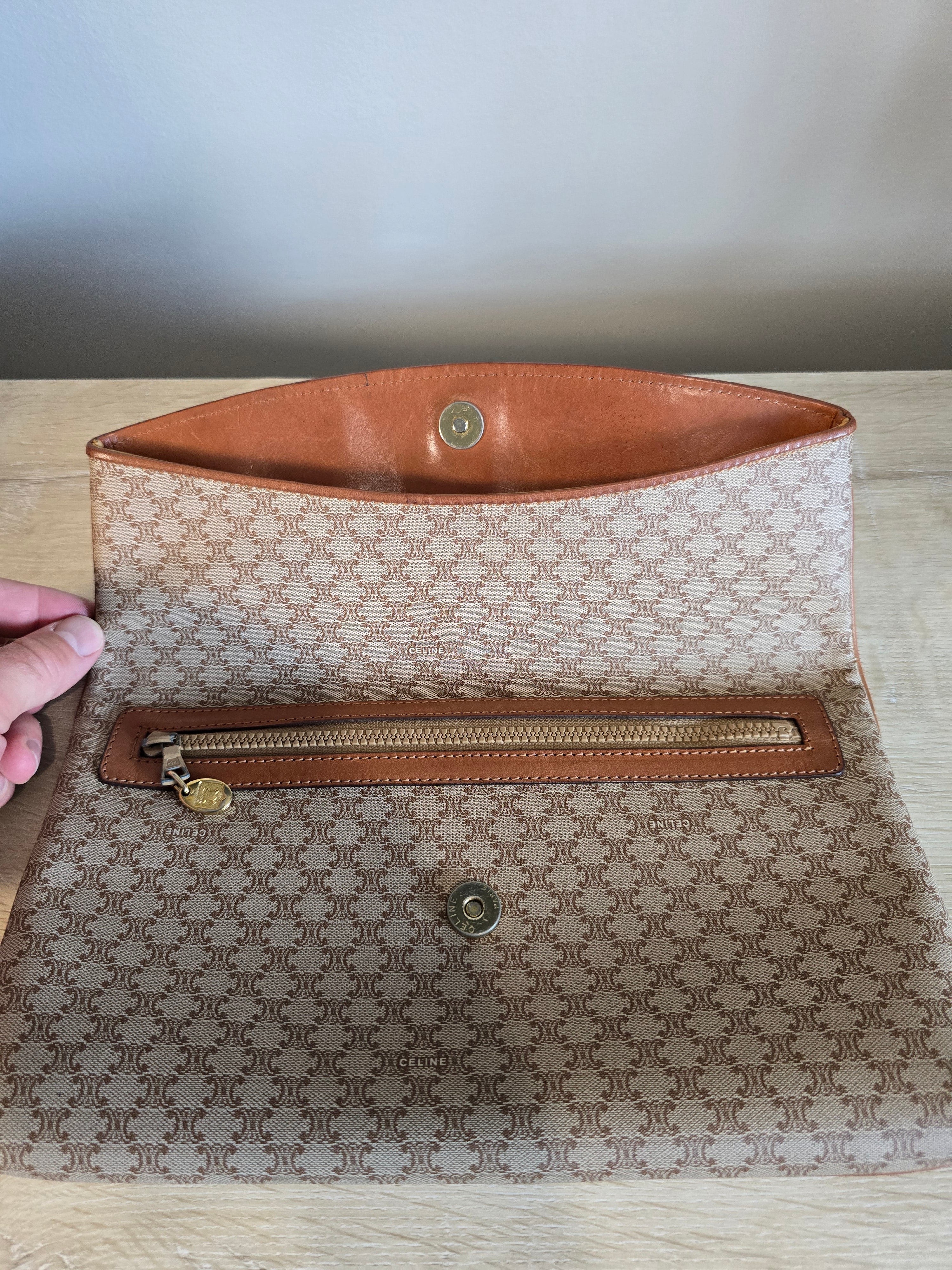 Celine Vintage Macadam Clutch Tan Beige Coated Canvas Leather Trim Gold Hardware