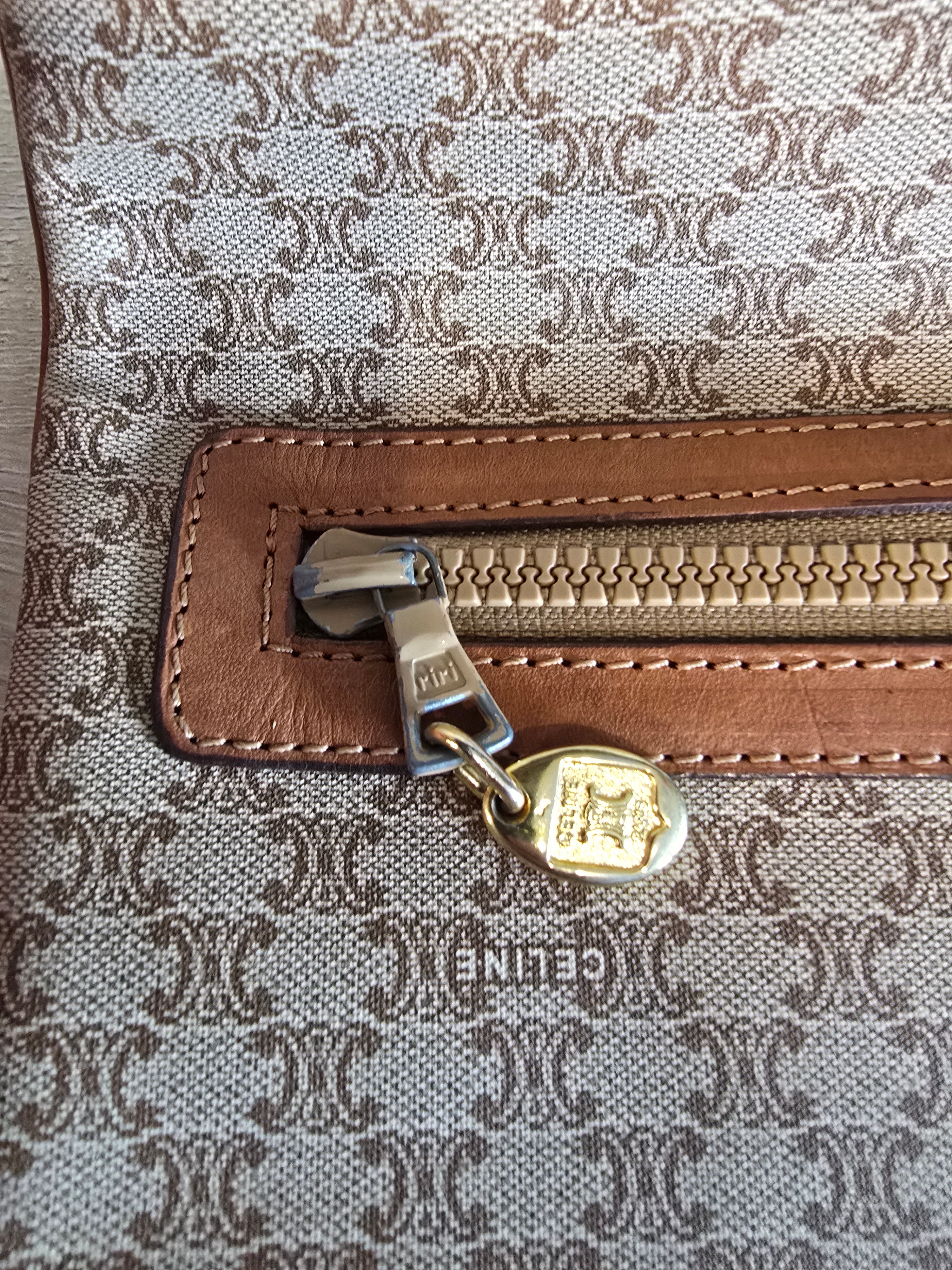 Celine Vintage Macadam Clutch Tan Beige Coated Canvas Leather Trim Gold Hardware
