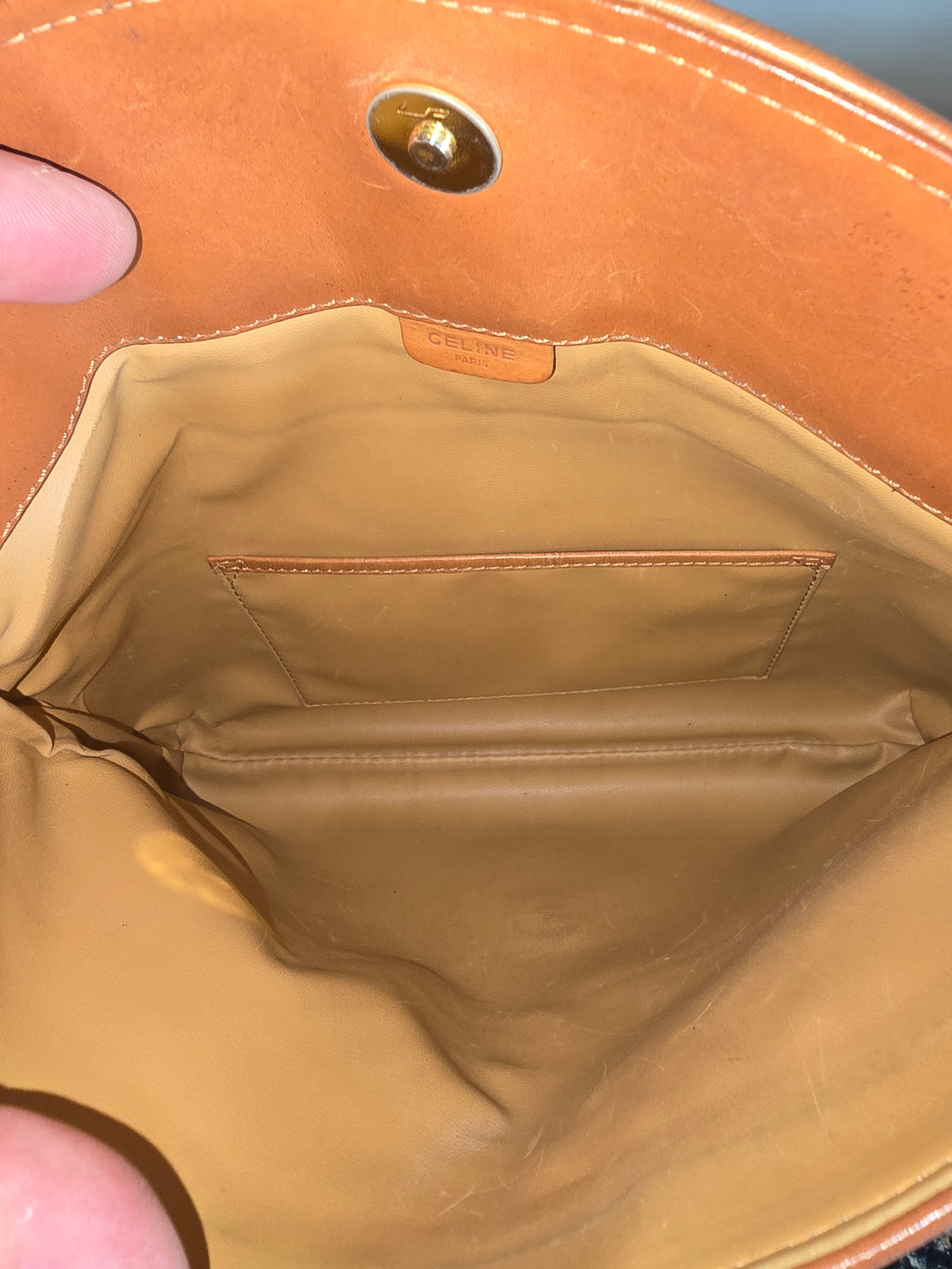 Celine Vintage Macadam Clutch Tan Beige Coated Canvas Leather Trim Gold Hardware