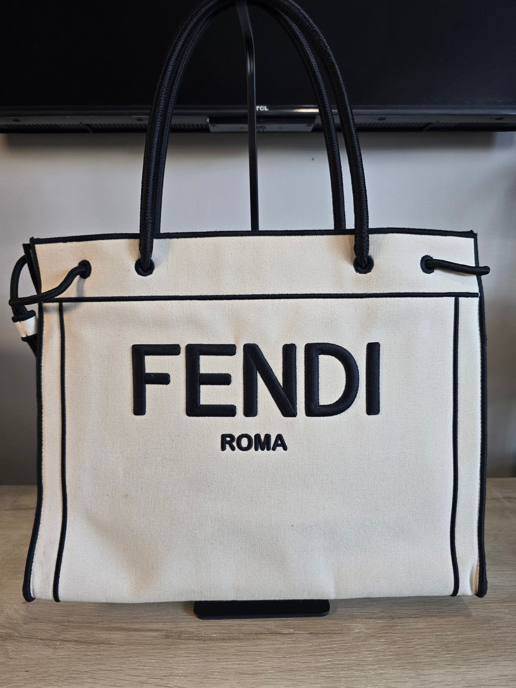 Fendi Roma Small Shopper Tote White Canvas Black Lettering Silver Hardware
