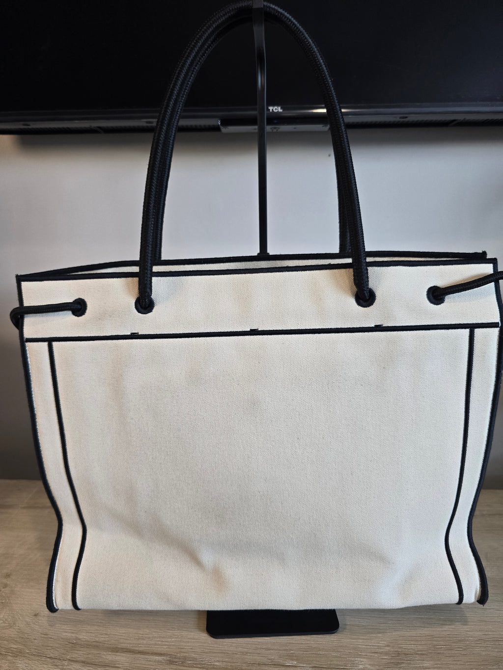Fendi Roma Small Shopper Tote White Canvas Black Lettering Silver Hardware