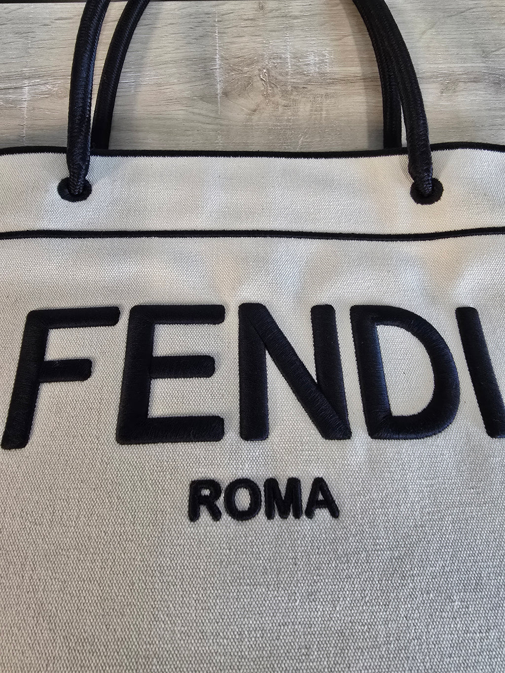 Fendi Roma Small Shopper Tote White Canvas Black Lettering Silver Hardware