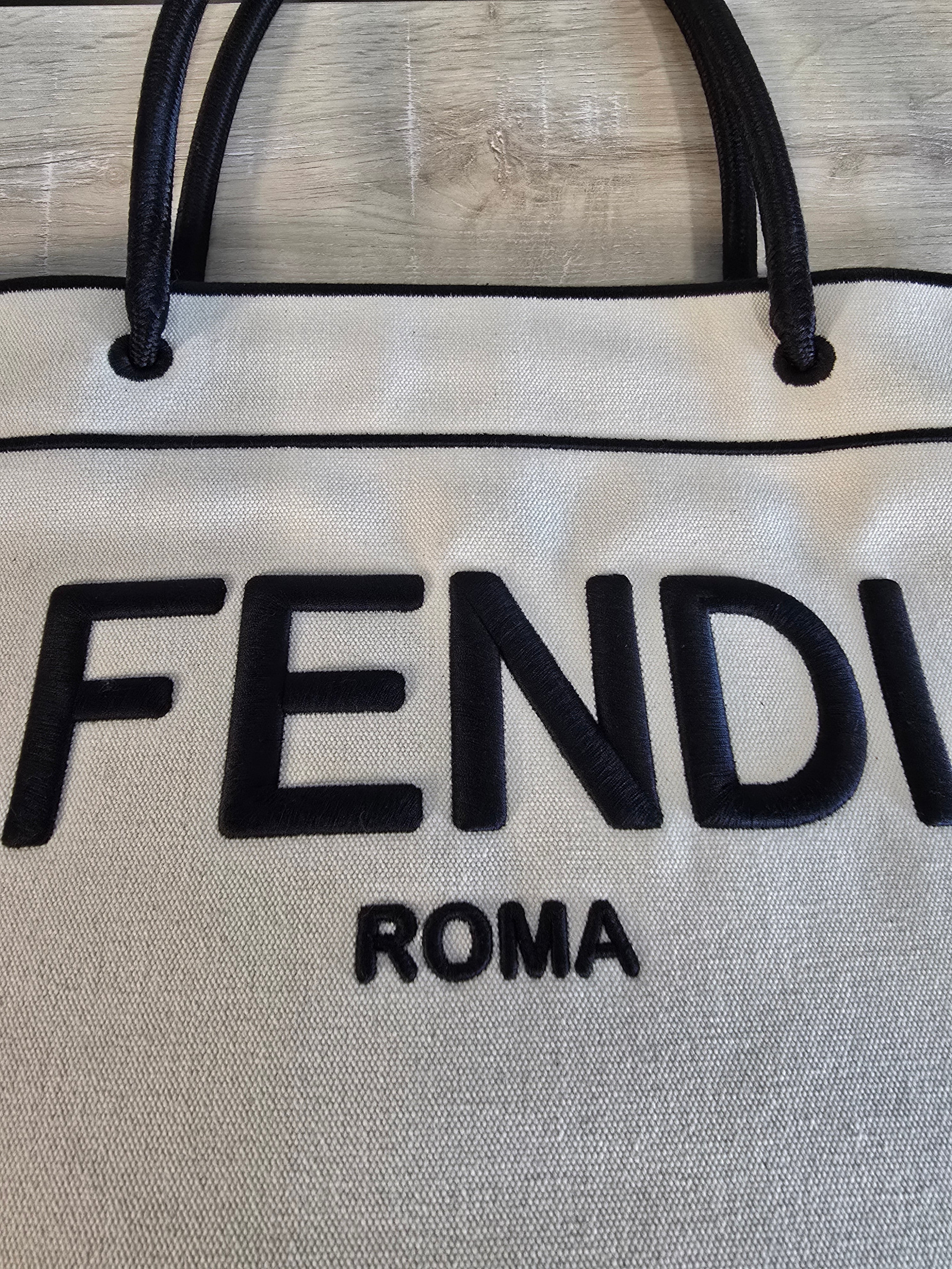 Fendi Roma Small Shopper Tote White Canvas Black Lettering Silver Hardware