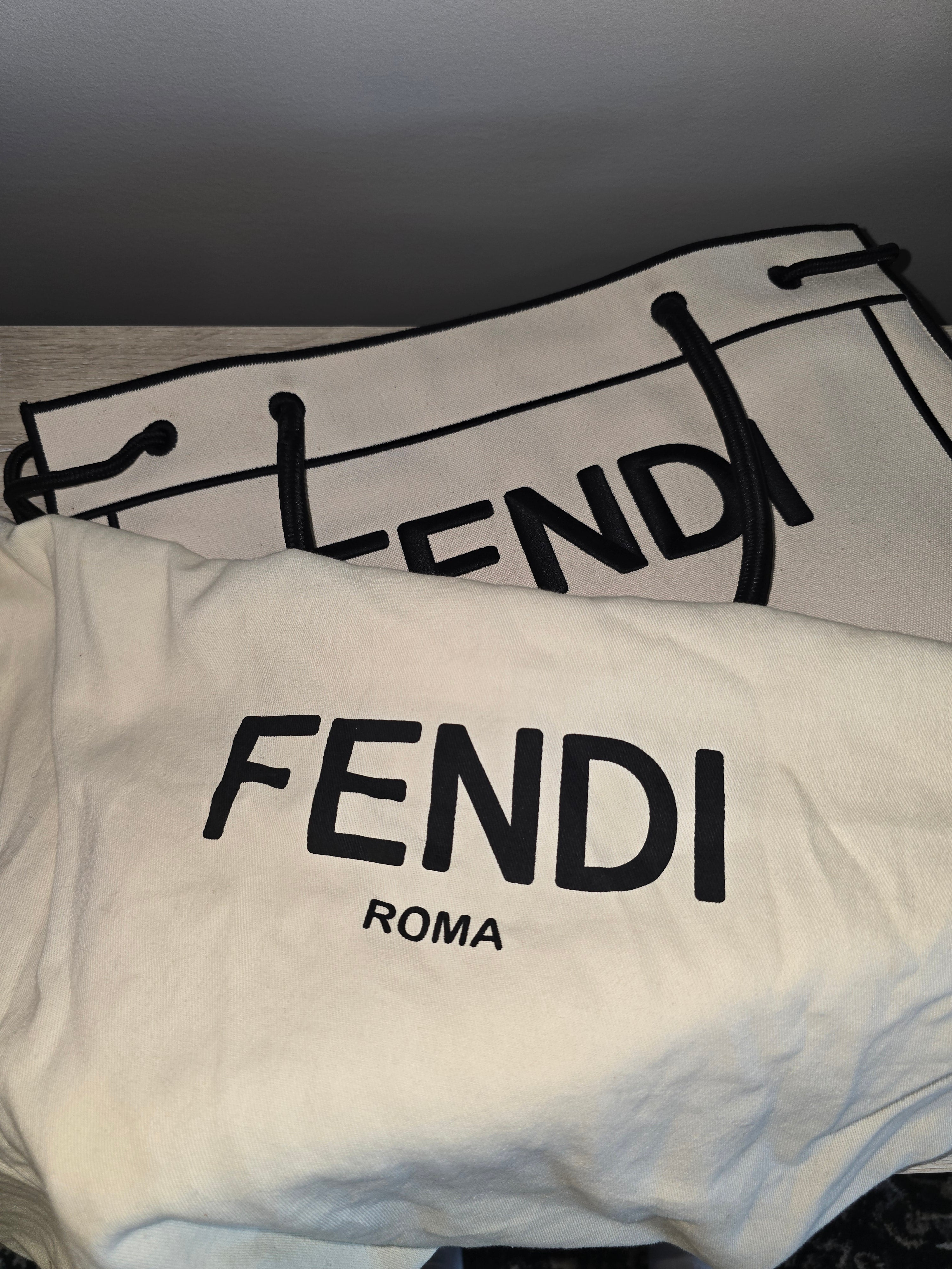 Fendi Roma Small Shopper Tote White Canvas Black Lettering Silver Hardware
