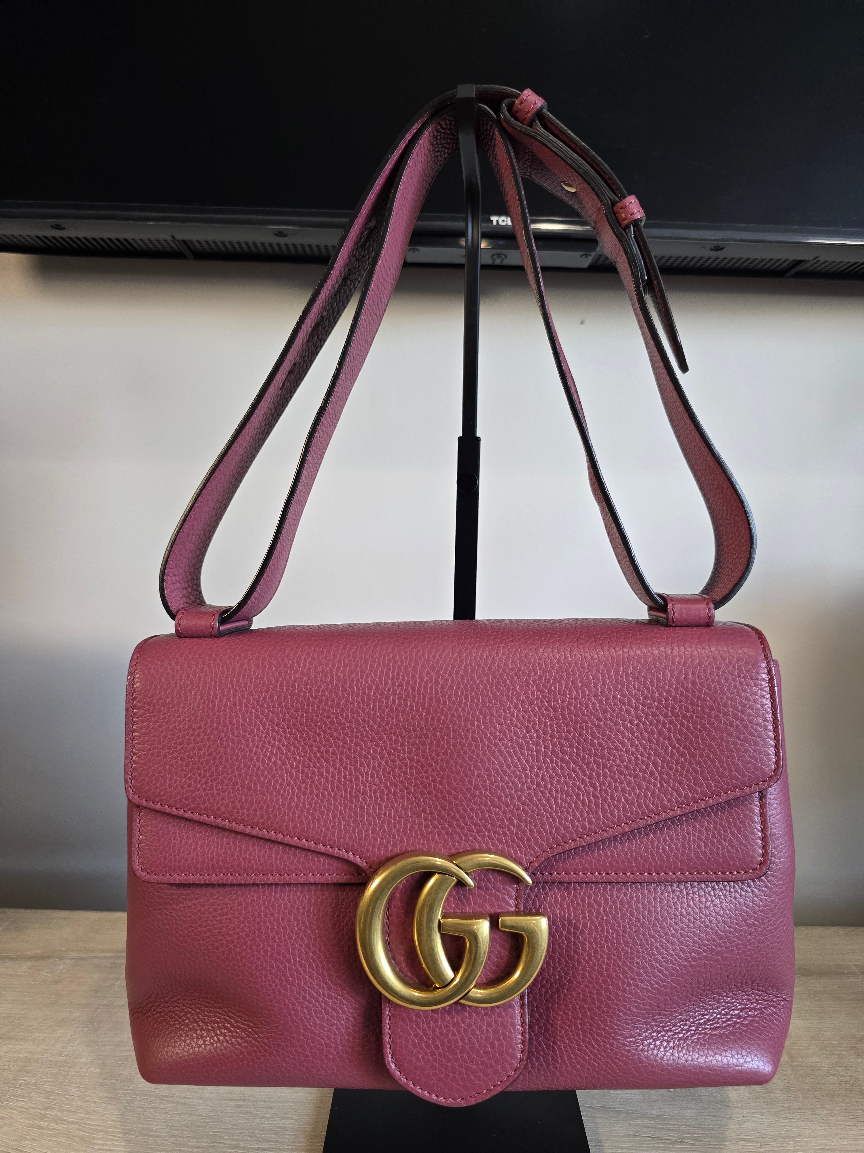 Gucci GG Marmont Medium Shoulder Bag Dark Mauve Matelassé Leather Gold Hardware